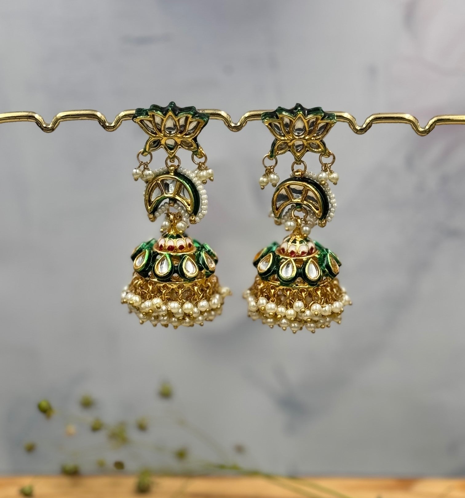Aisha Kundan Earrings - Green - QUEENS JEWELS