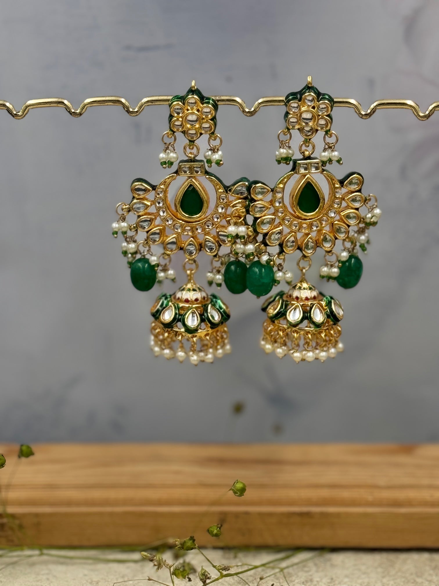 Yasmin Kundan Earrings - Green - QUEENS JEWELS