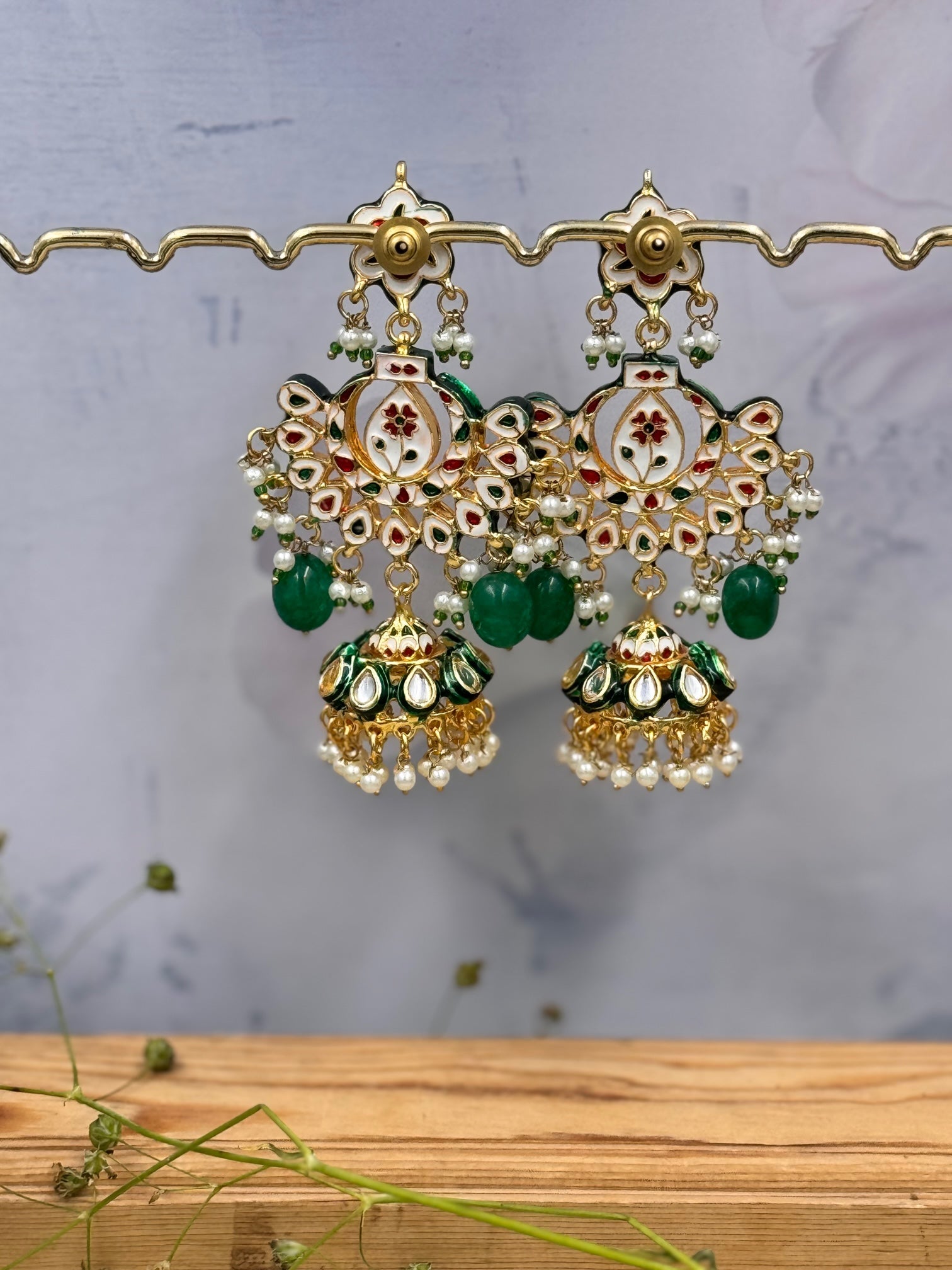 Yasmin Kundan Earrings - Green - QUEENS JEWELS