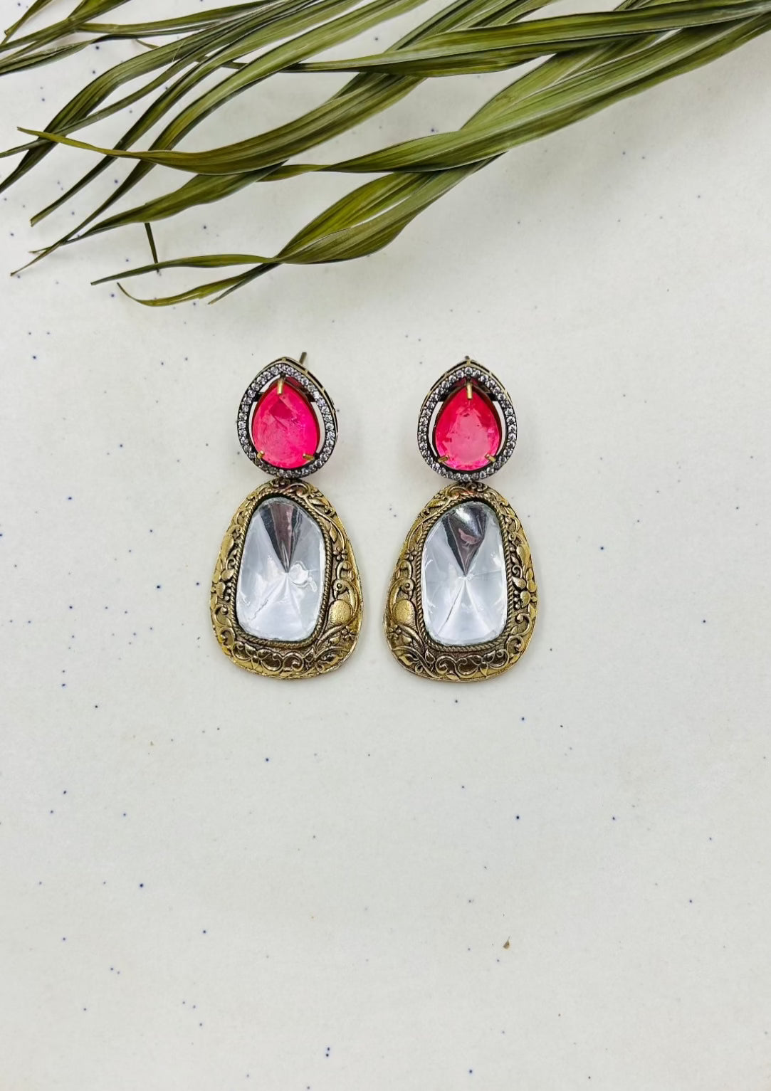 Pink Polki Kundan Dangler Earrings - QUEENS JEWELS