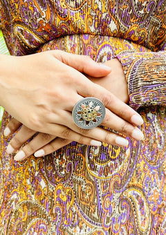 Aria Oxidised Round Adjustable Ring - QUEENS JEWELS