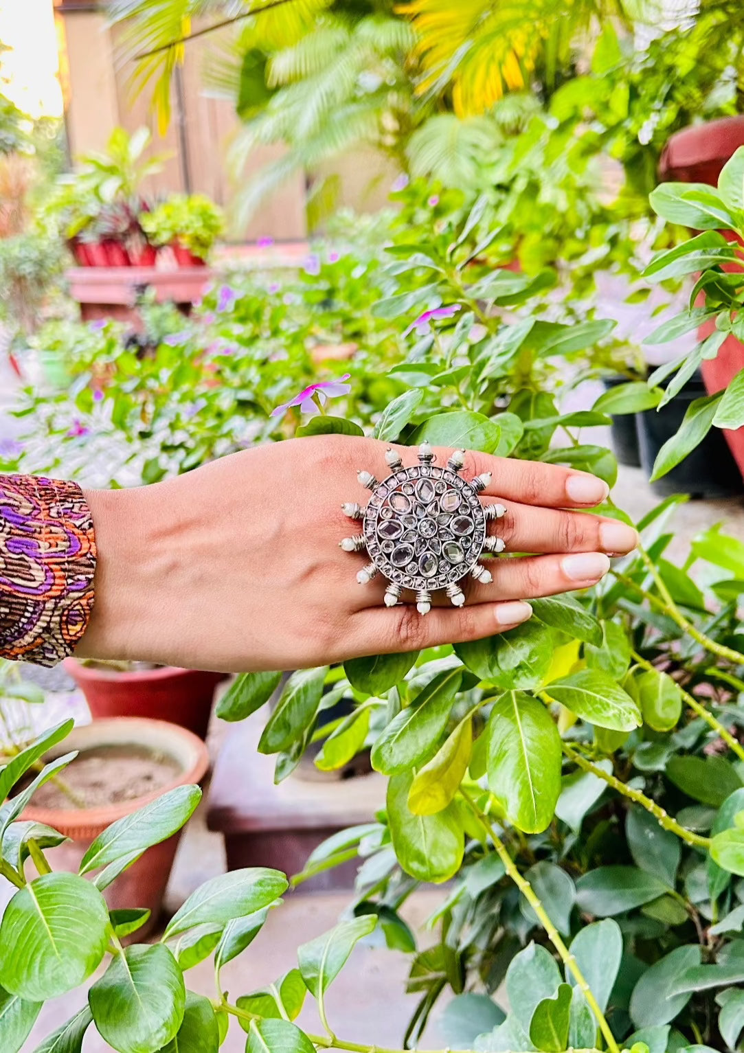 Amyara Oxidised Transparent Floral Adjustable Ring - QUEENS JEWELS