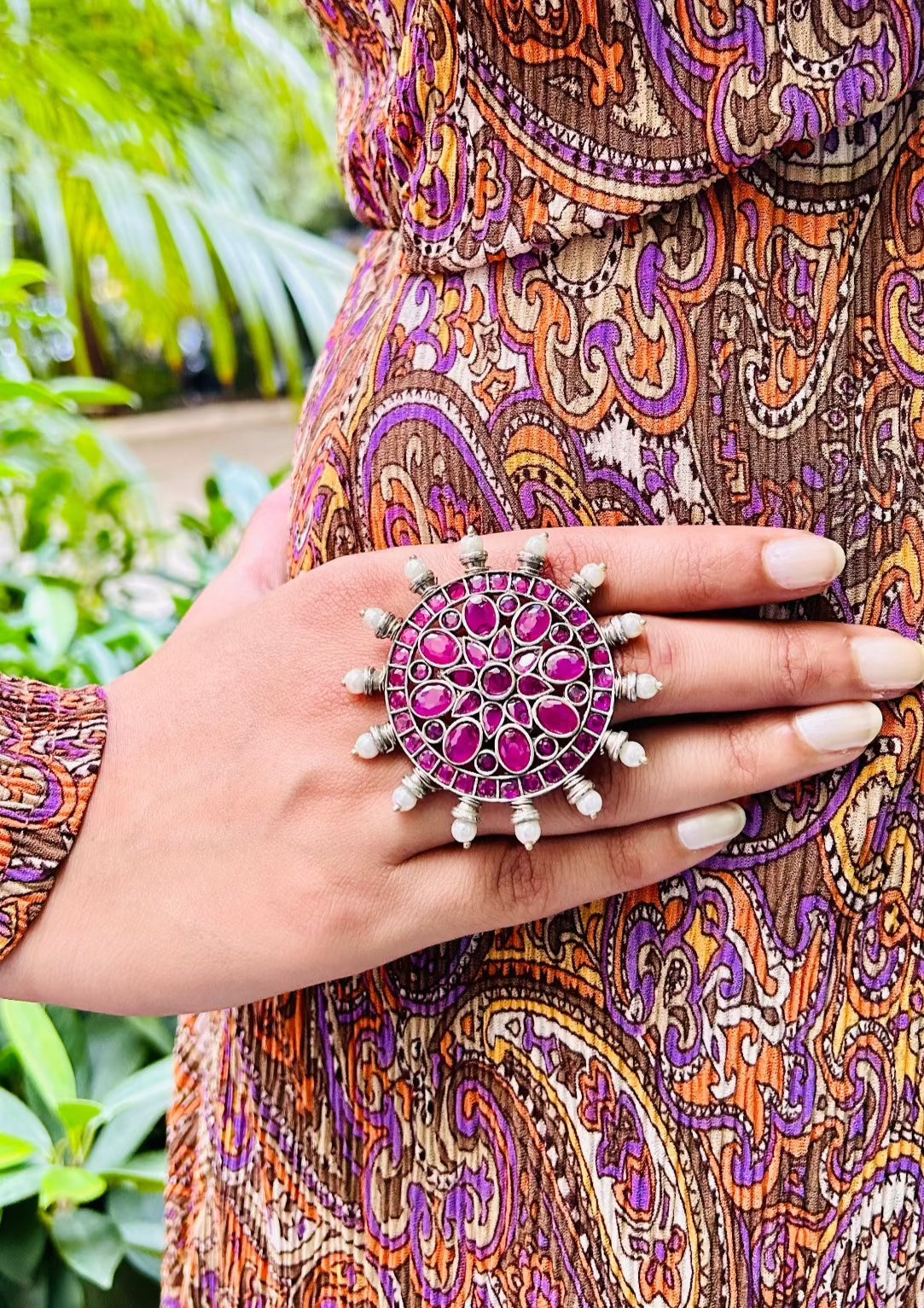 Amyara Oxidised Magenta Floral Adjustable Ring - QUEENS JEWELS