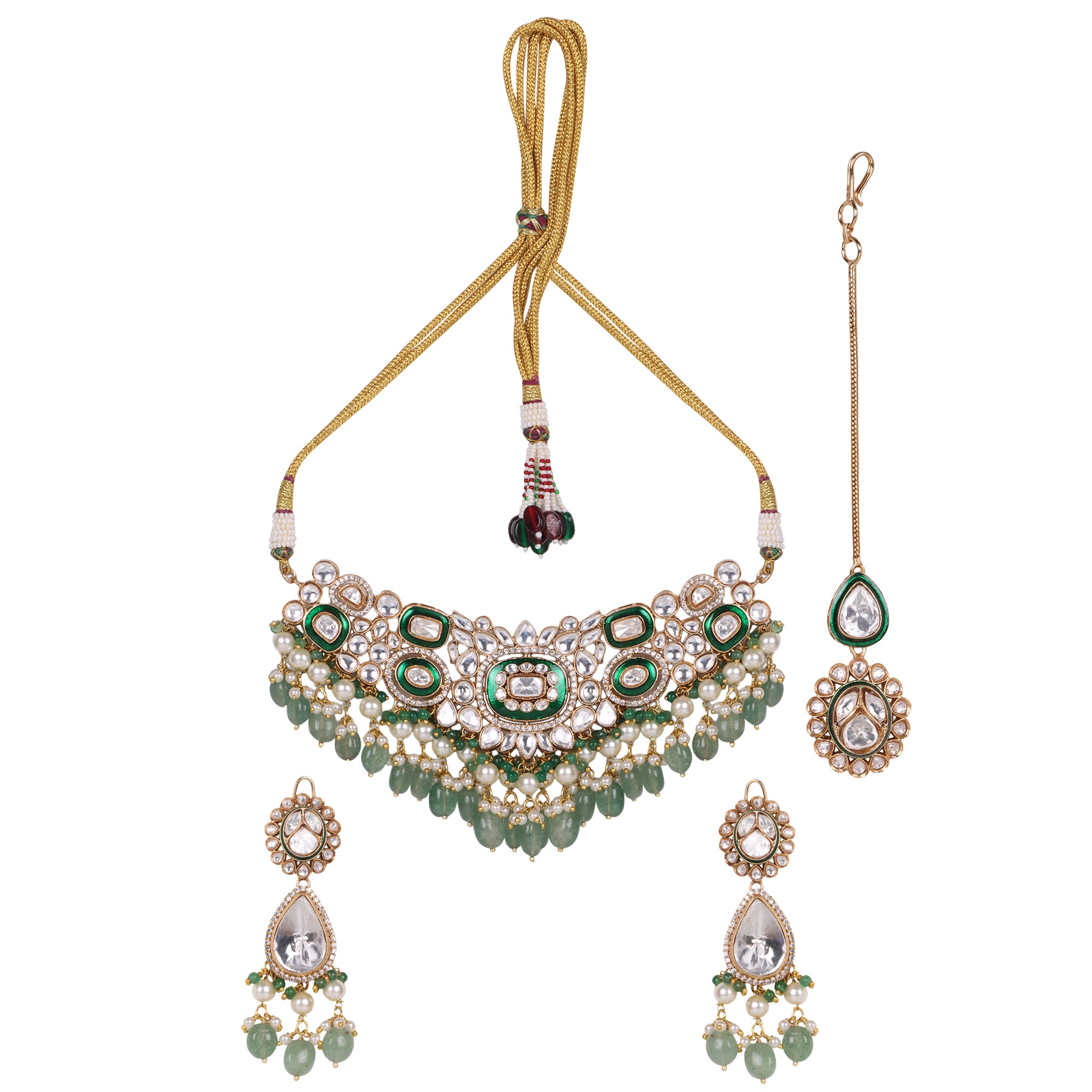 Emerald Royale – Green Bridal Kundan Set with Maangtika - QUEENS JEWELS