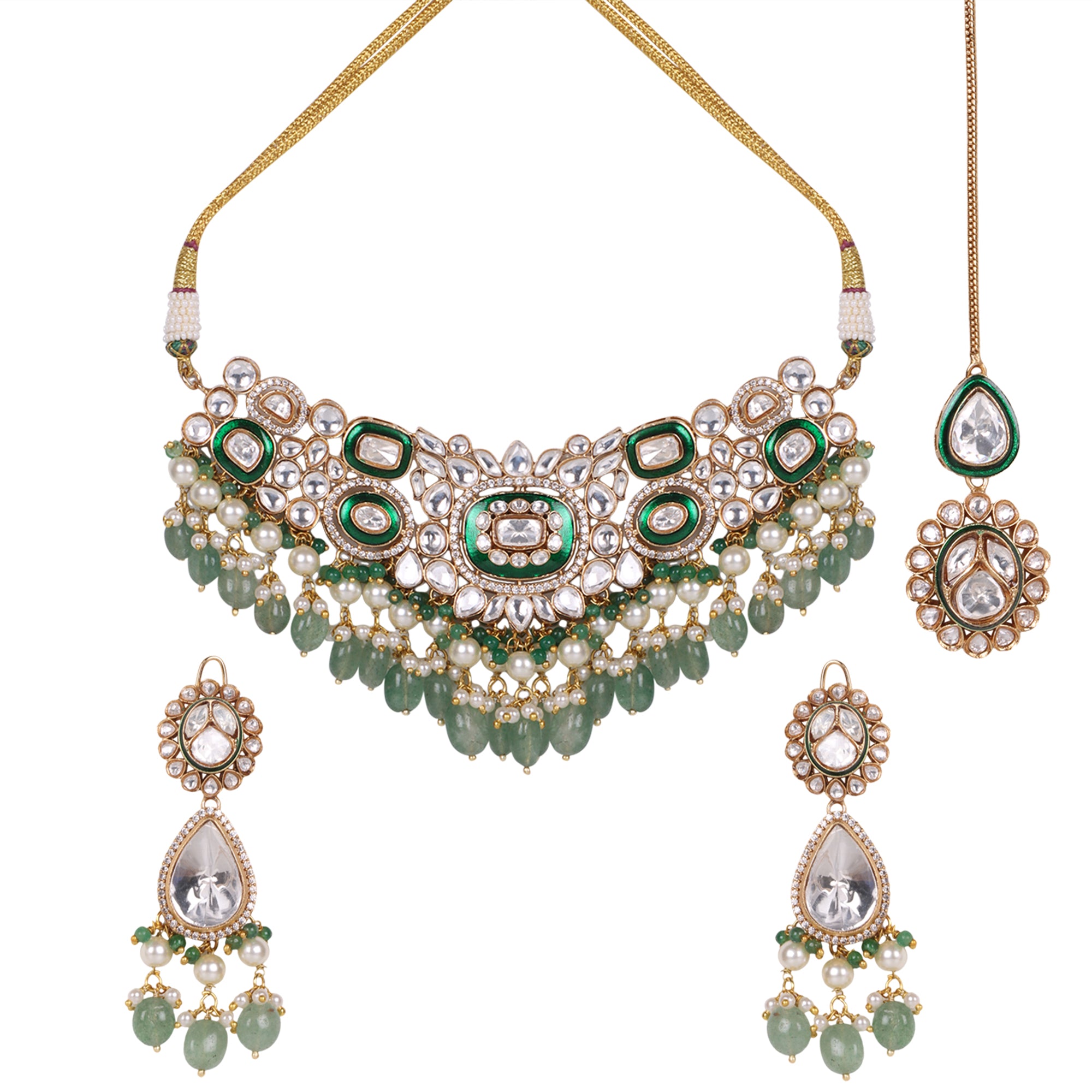 Emerald Royale – Green Bridal Kundan Set with Maangtika - QUEENS JEWELS