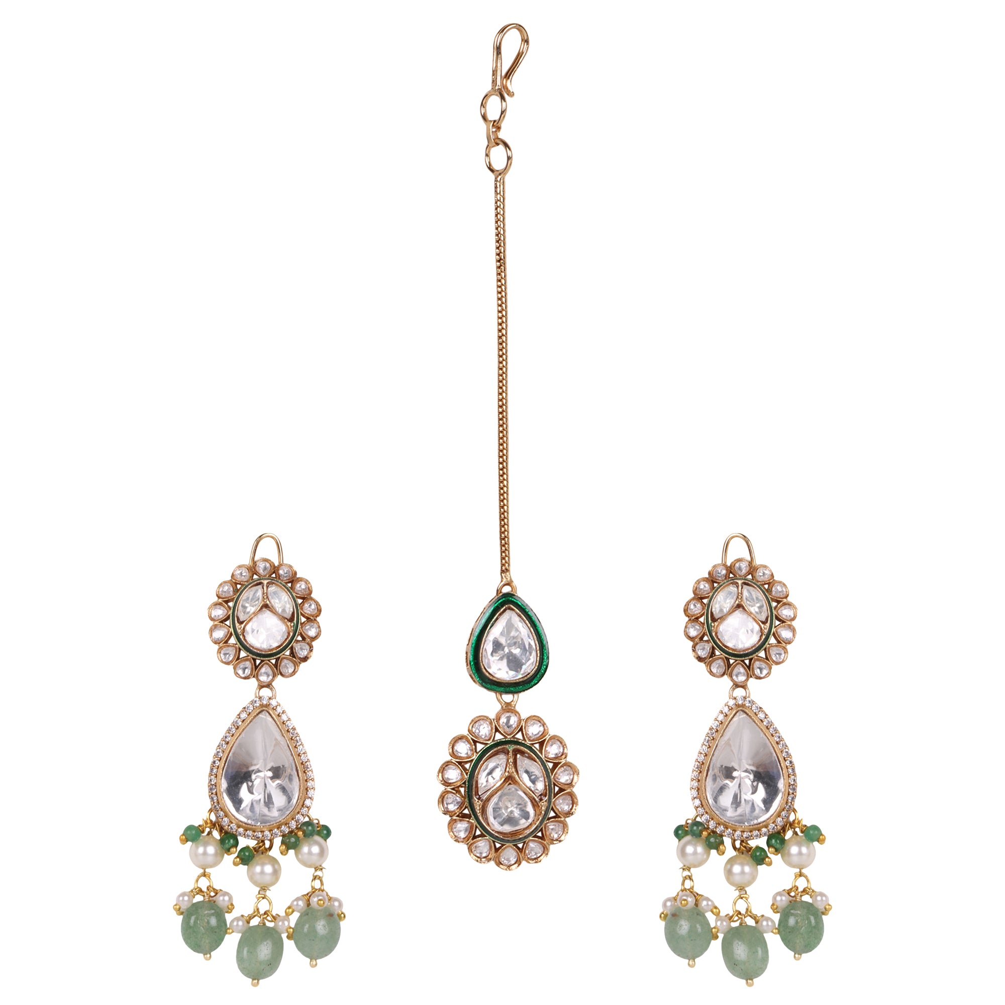 Emerald Royale – Green Bridal Kundan Set with Maangtika - QUEENS JEWELS