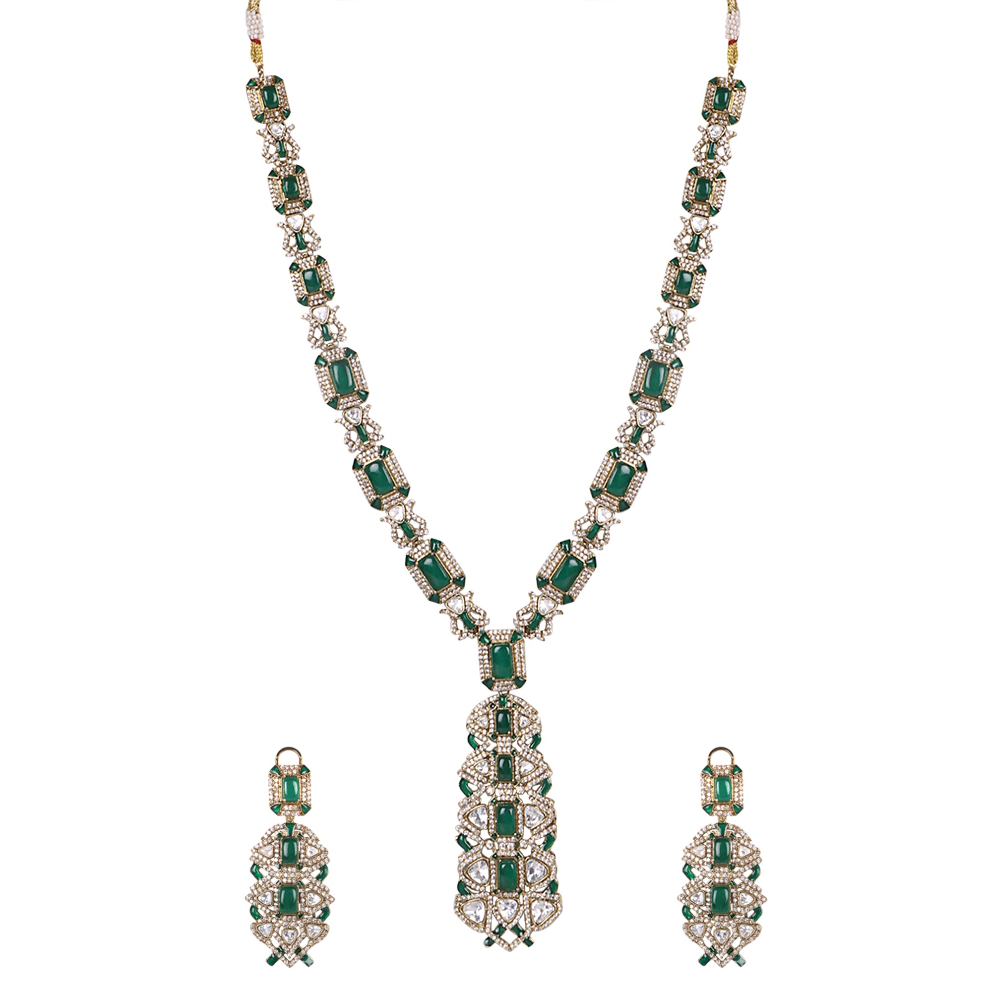 Jasmine Emerald Royalty Exquisite Green Kundan Indo Western Necklace Set - QUEENS JEWELS