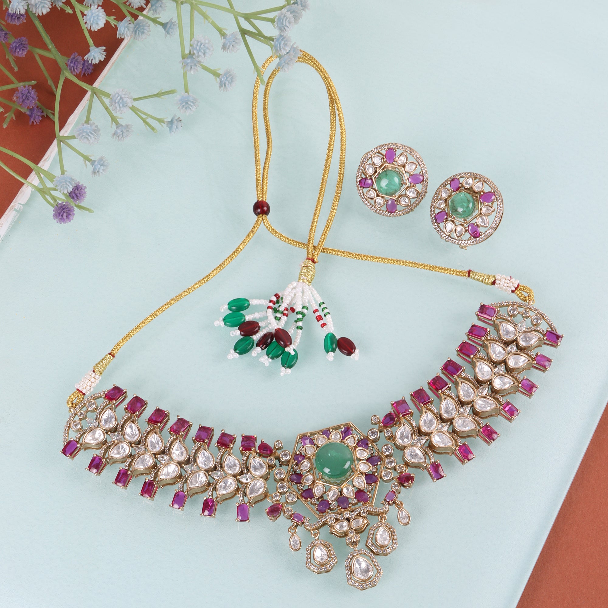 Regal Ruby & Emerald Kundan Choker Set - QUEENS JEWELS