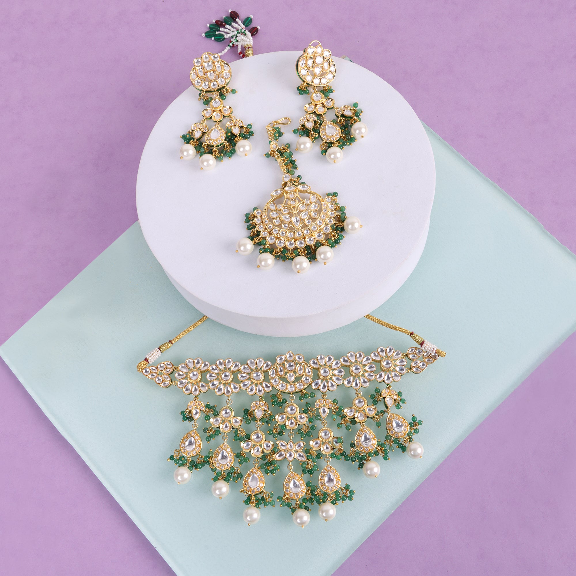 Royal Green Layered Kundan Choker Set with Maangtikka - QUEENS JEWELS