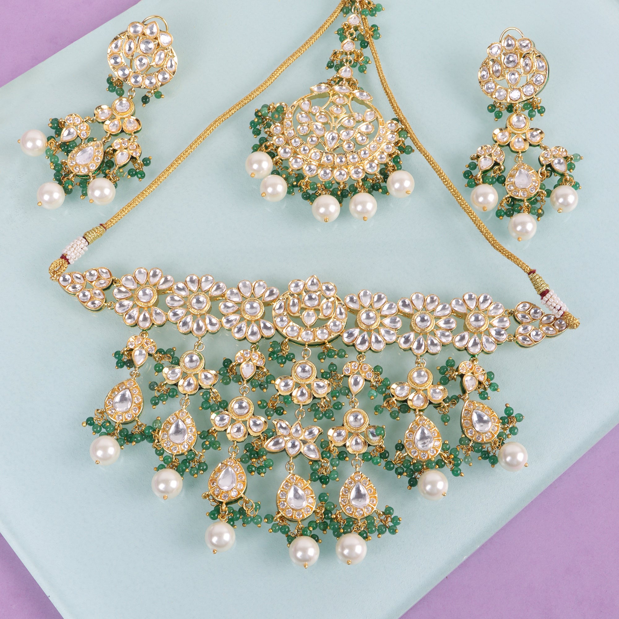 Royal Green Layered Kundan Choker Set with Maangtikka - QUEENS JEWELS