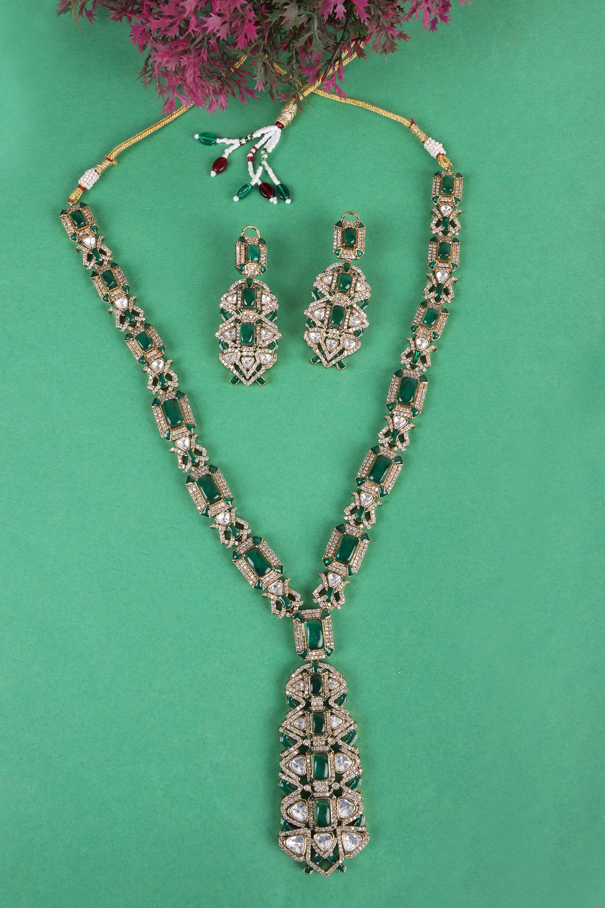 Jasmine Emerald Royalty Exquisite Green Kundan Indo Western Necklace Set - QUEENS JEWELS