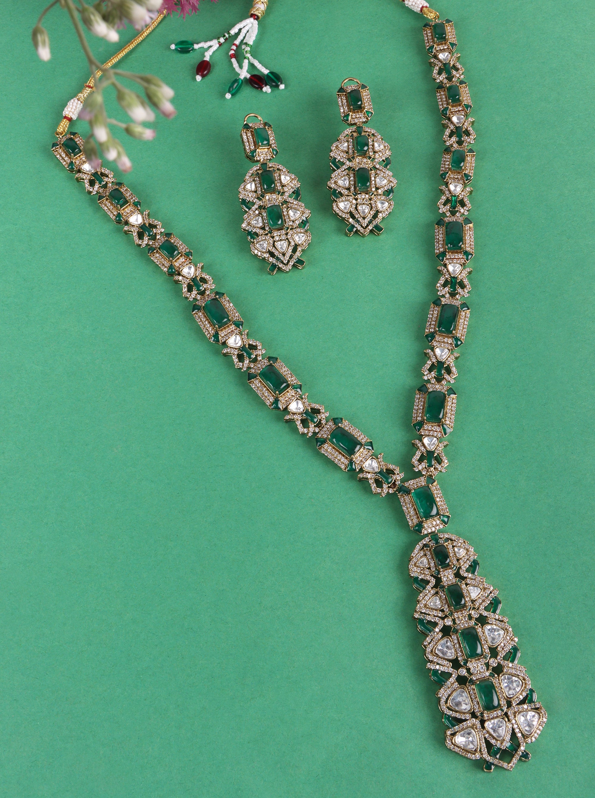 Jasmine Emerald Royalty Exquisite Green Kundan Indo Western Necklace Set - QUEENS JEWELS