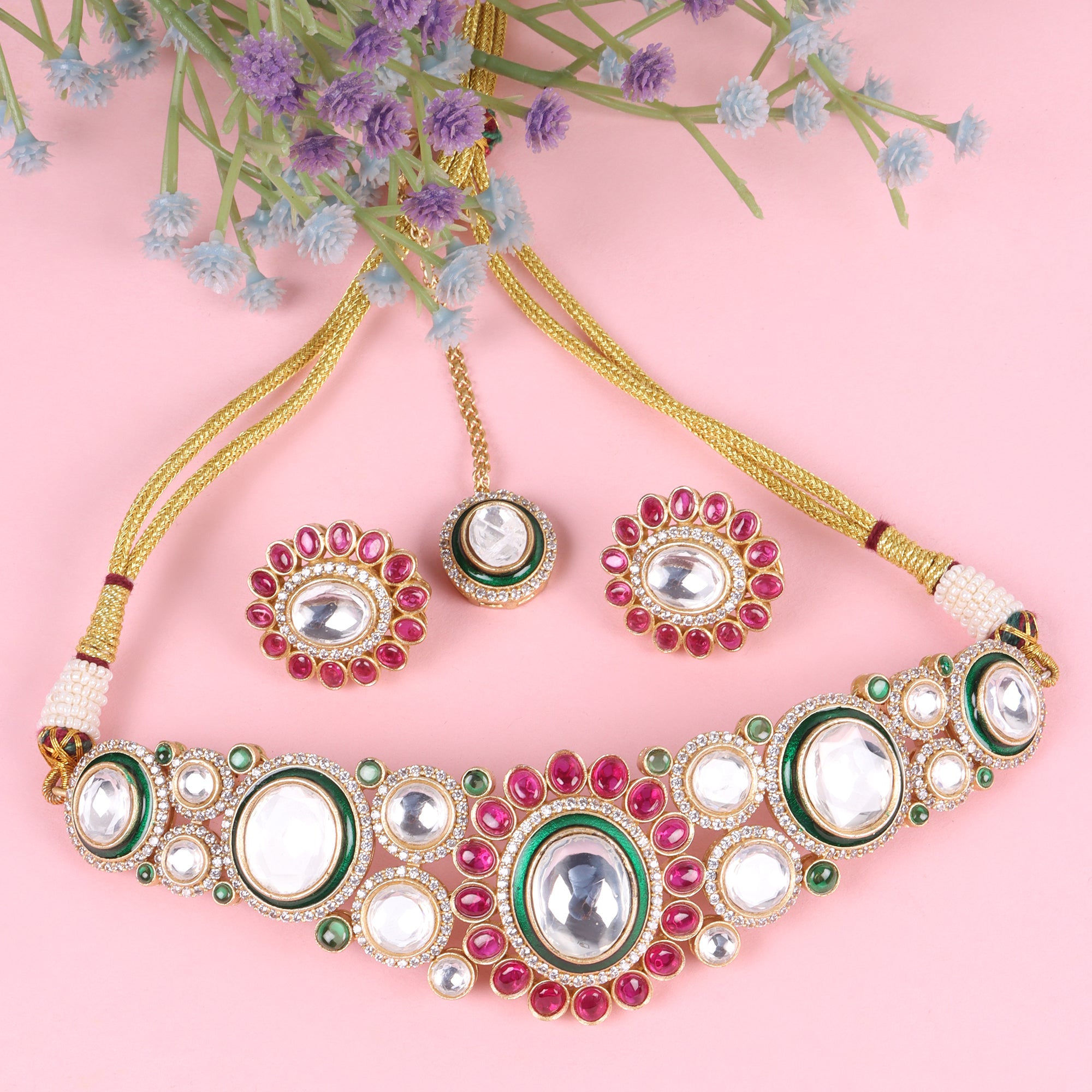 Royal Multicolor Uncut Polki Lookalike Kundan Set with Maangtika - QUEENS JEWELS