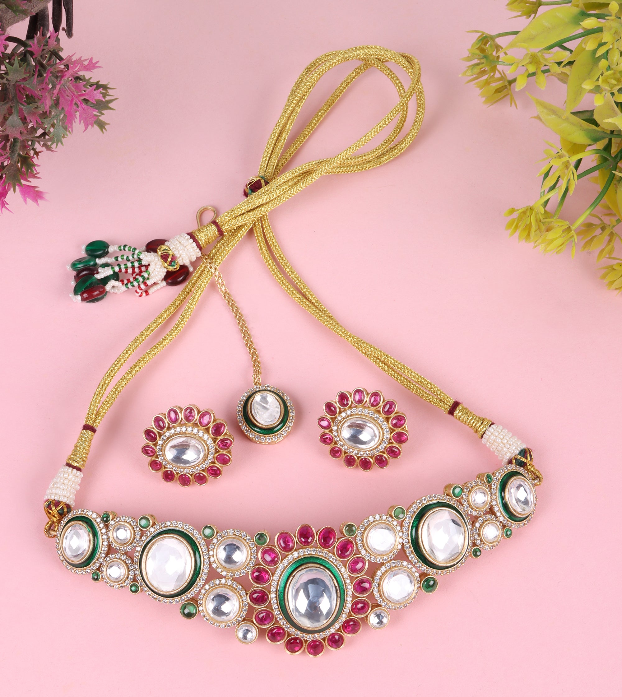 Royal Multicolor Uncut Polki Lookalike Kundan Set with Maangtika - QUEENS JEWELS