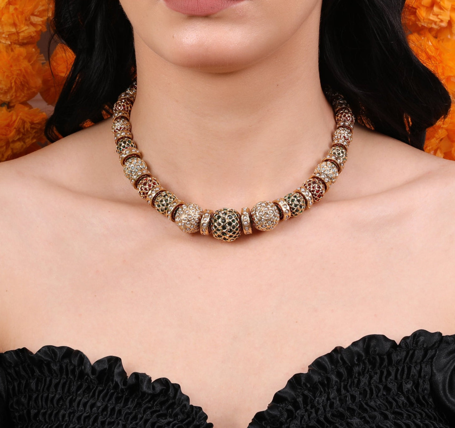 Traditional Gold-Toned Beaded Sona Moti Necklace - QUEENS JEWELS