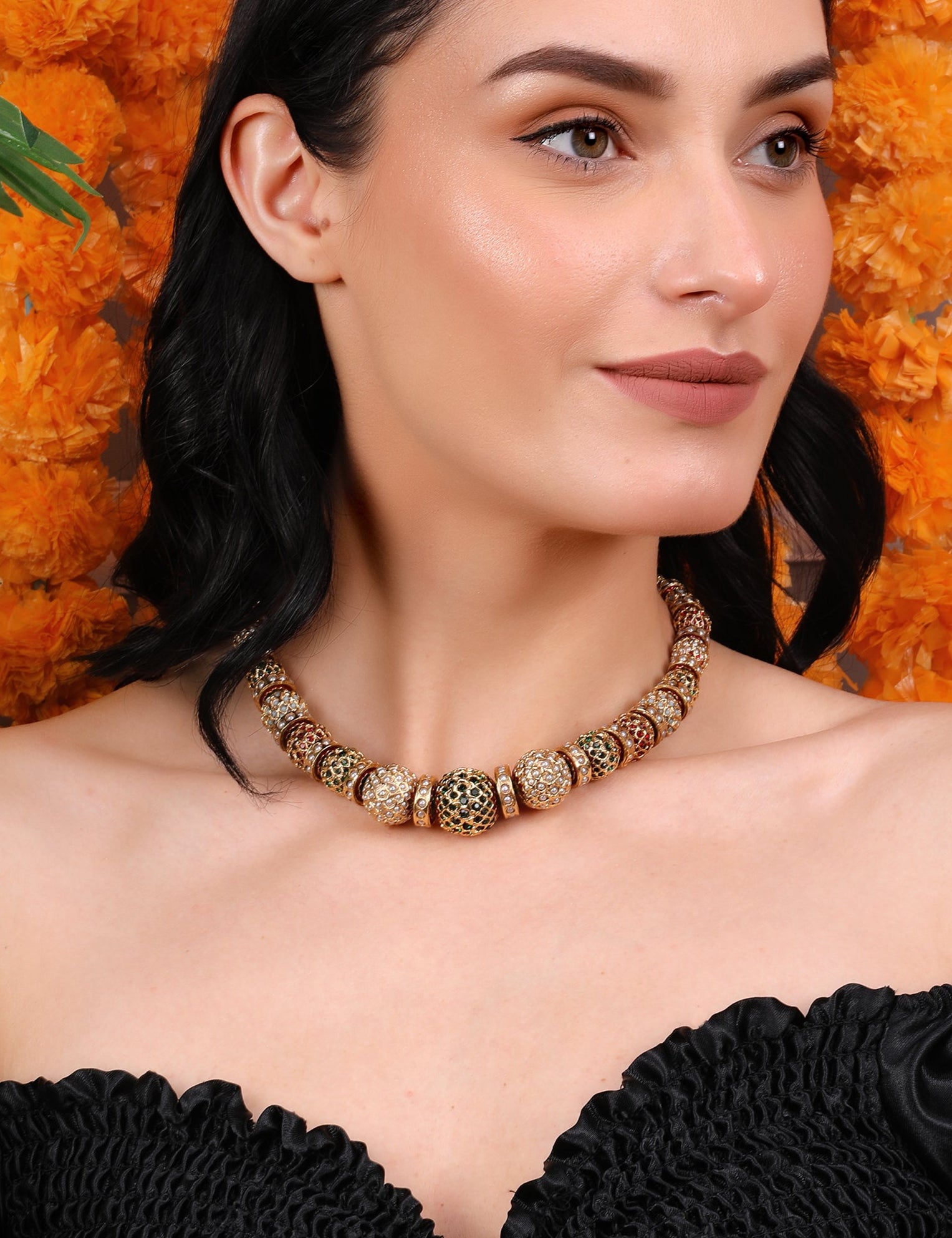Traditional Gold-Toned Beaded Sona Moti Necklace - QUEENS JEWELS