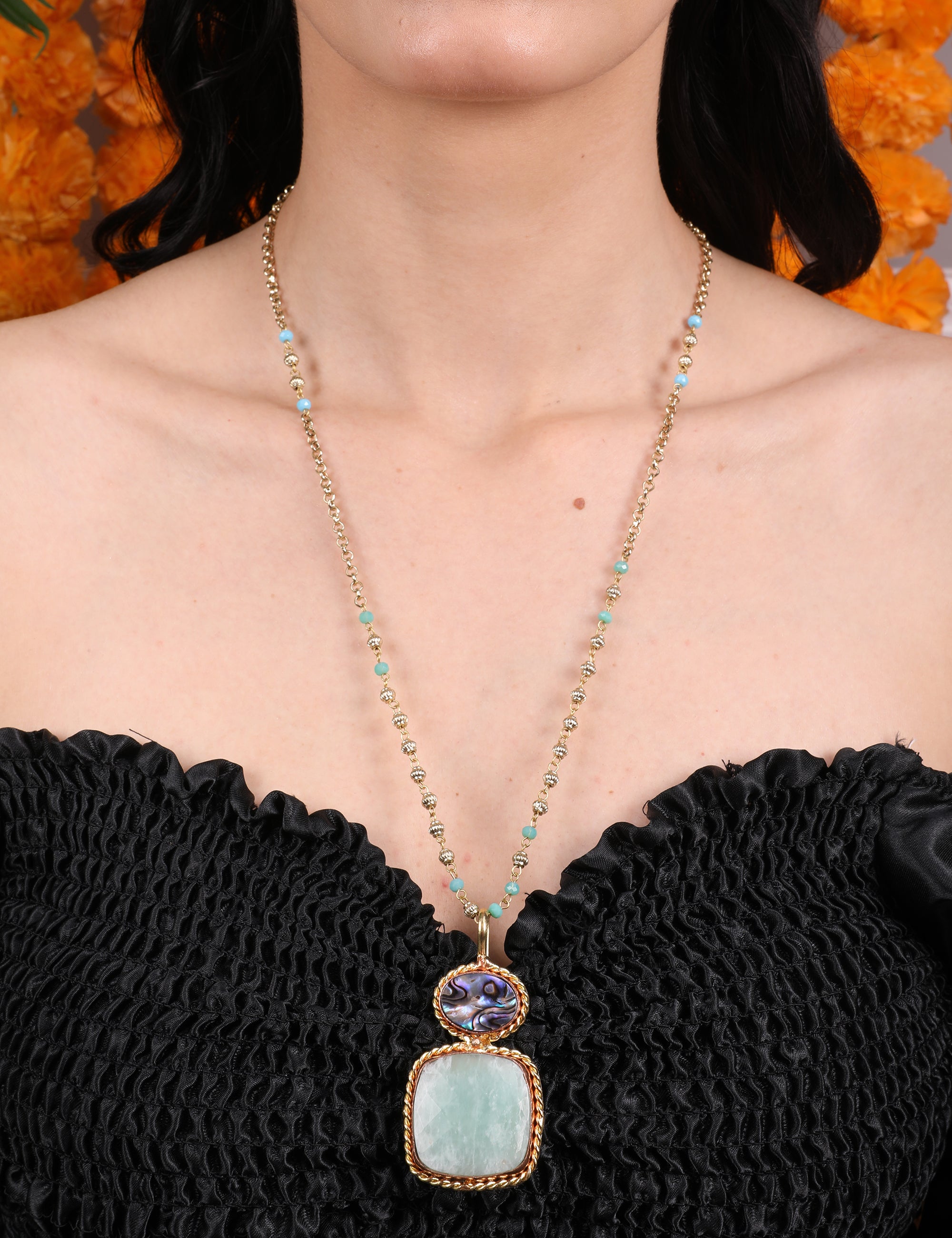 Pernia Pendant Necklace with Dual-Tone Beaded Chain - QUEENS JEWELS