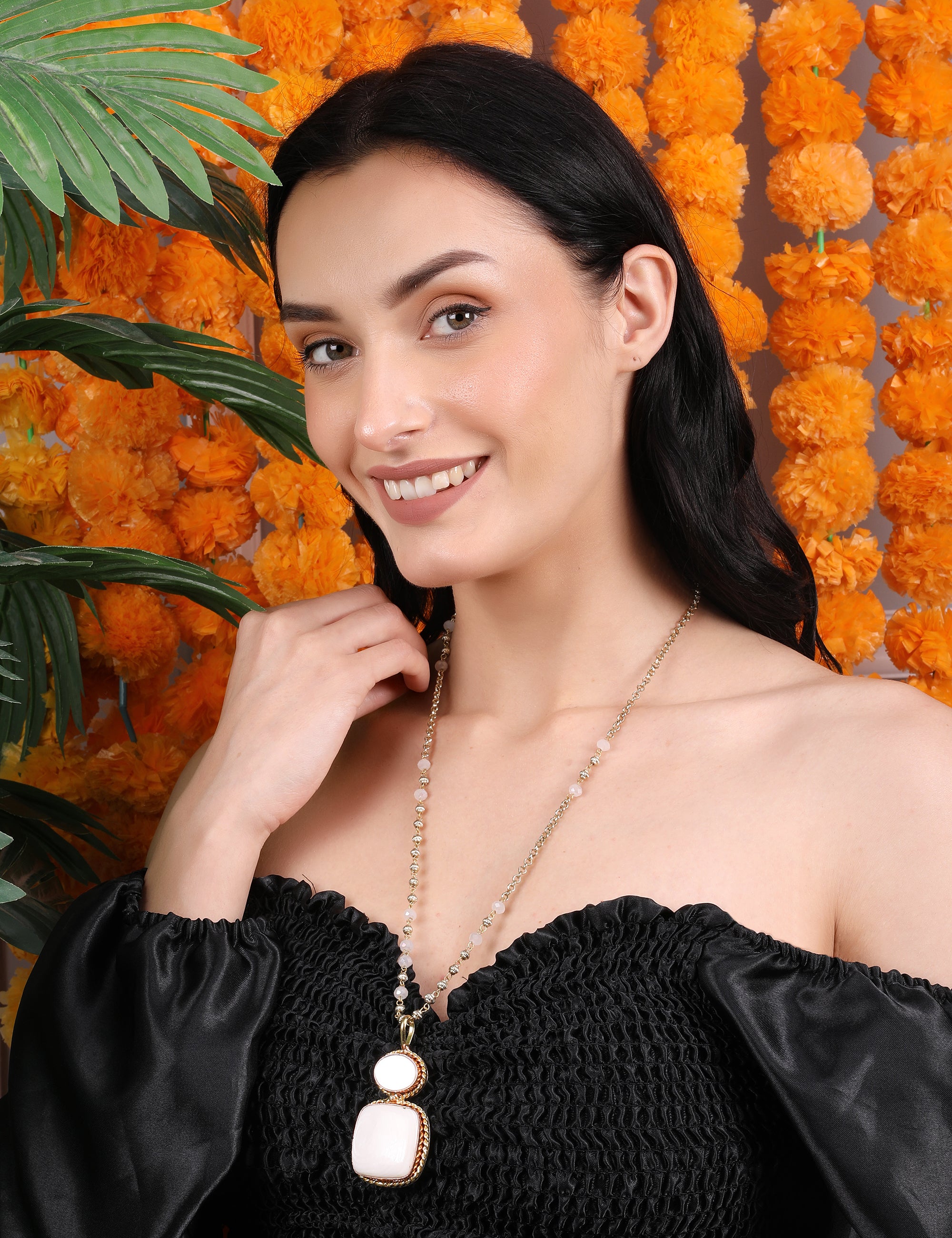 Ivory and Rose Quartz Dual-Pendant Necklace with Gold Beaded Chain - QUEENS JEWELS