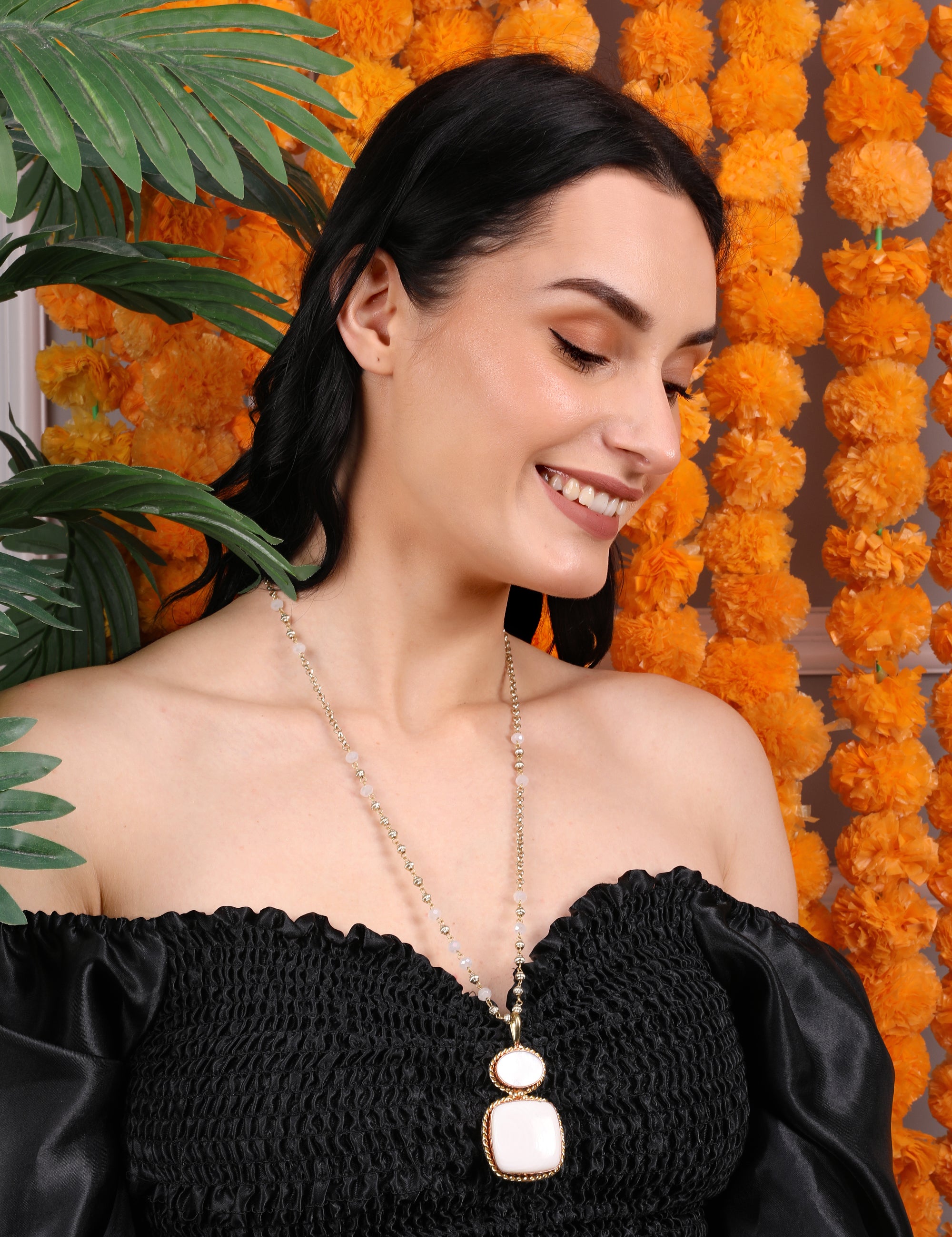 Ivory and Rose Quartz Dual-Pendant Necklace with Gold Beaded Chain - QUEENS JEWELS