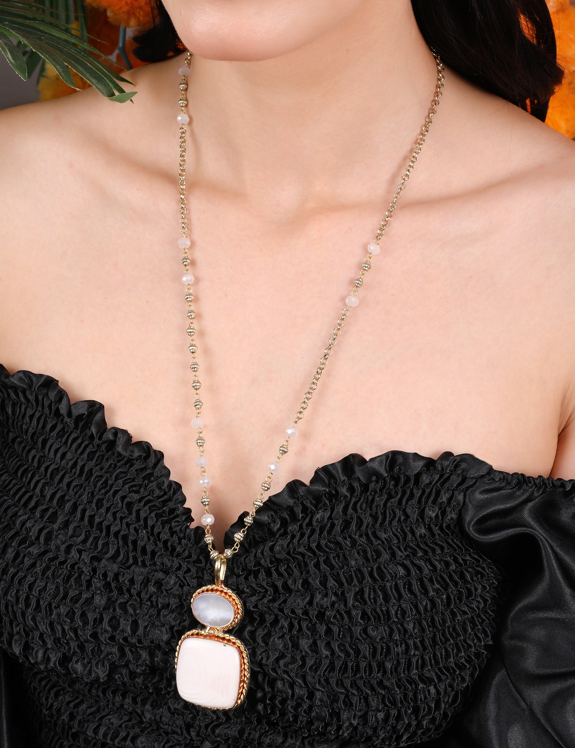 Ivory and Rose Quartz Dual-Pendant Necklace with Gold Beaded Chain - QUEENS JEWELS