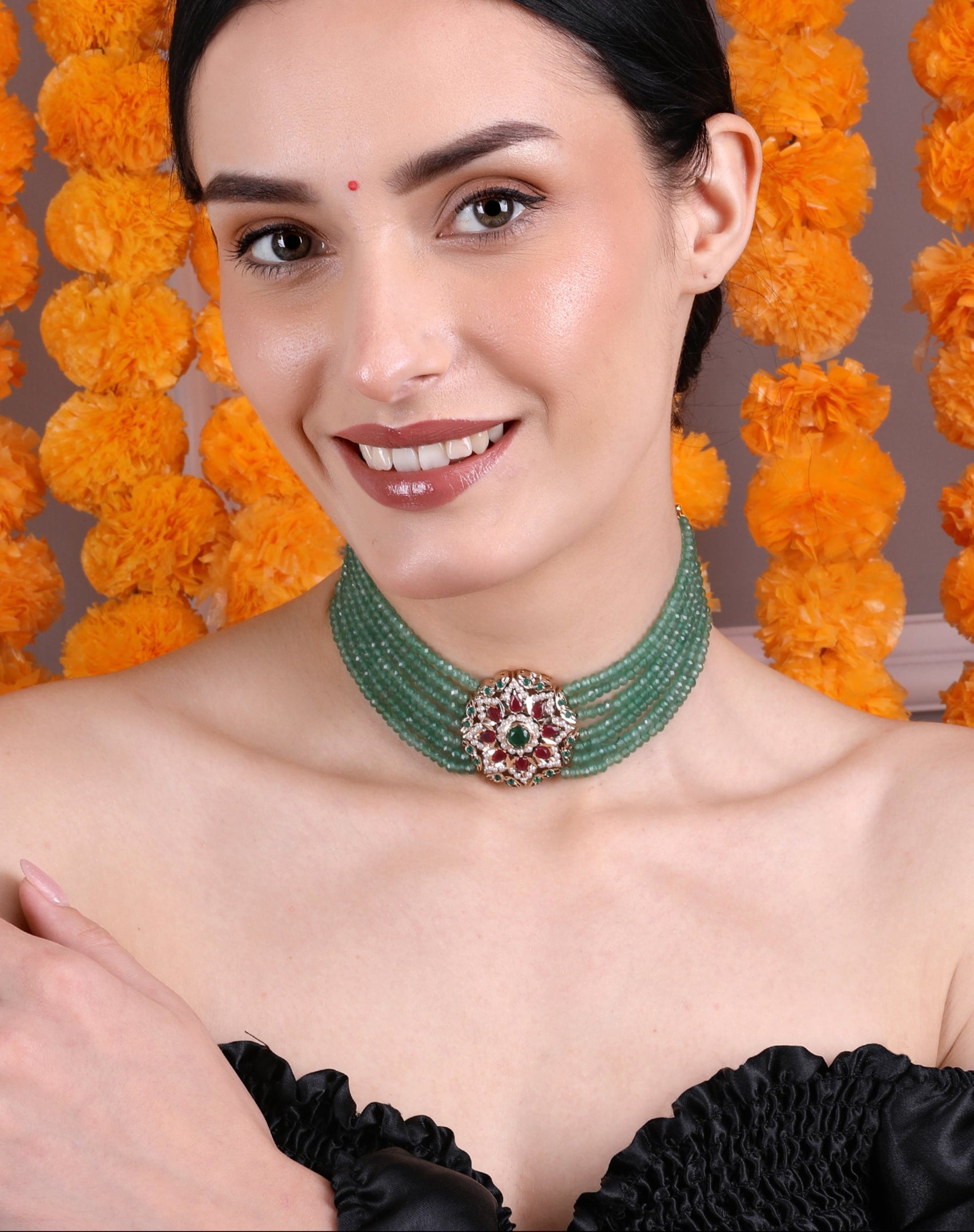 Royal Emerald Beaded Choker with Jadau Floral - QUEENS JEWELS
