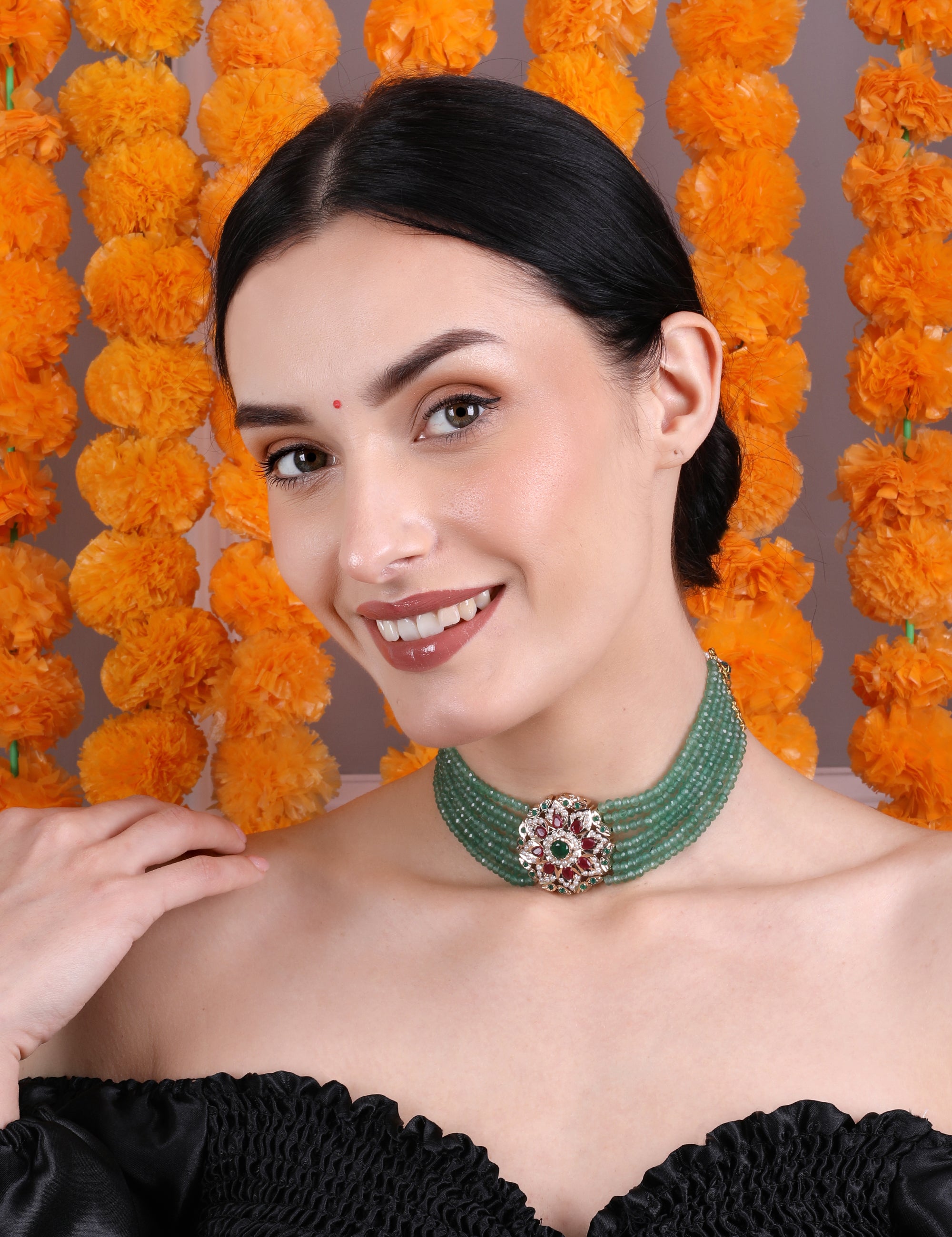Royal Emerald Beaded Choker with Jadau Floral - QUEENS JEWELS