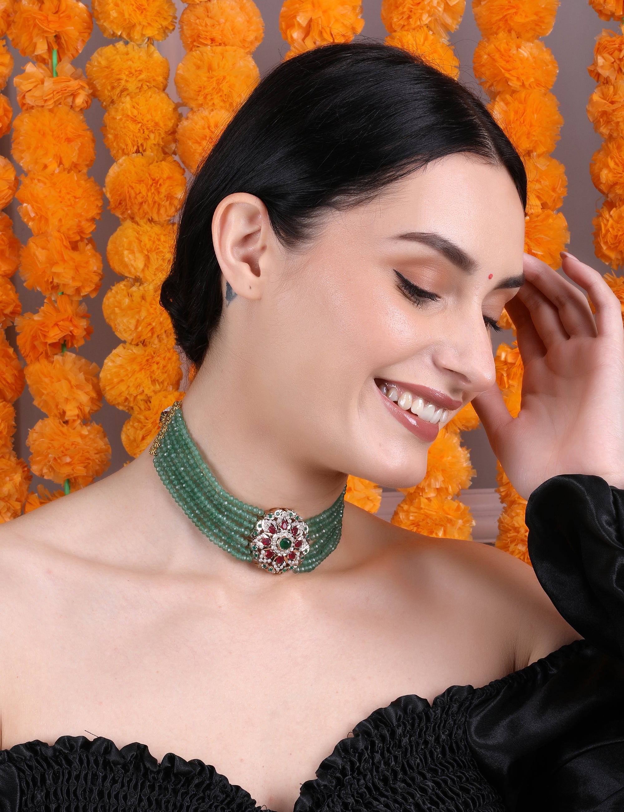 Royal Emerald Beaded Choker with Jadau Floral - QUEENS JEWELS