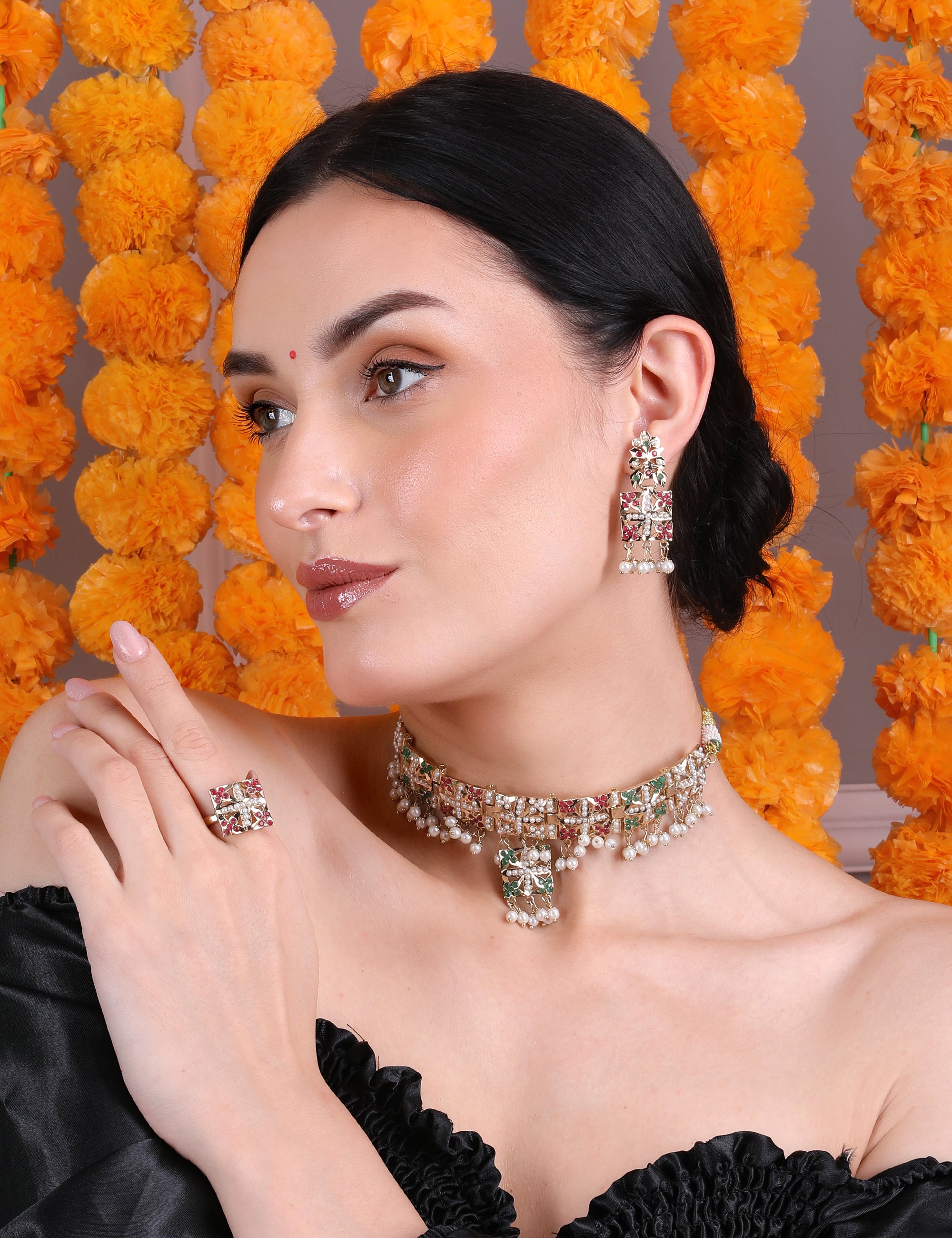 Multicolor Pearl-Studded Choker Set with Earrings & Adjustable Ring - QUEENS JEWELS