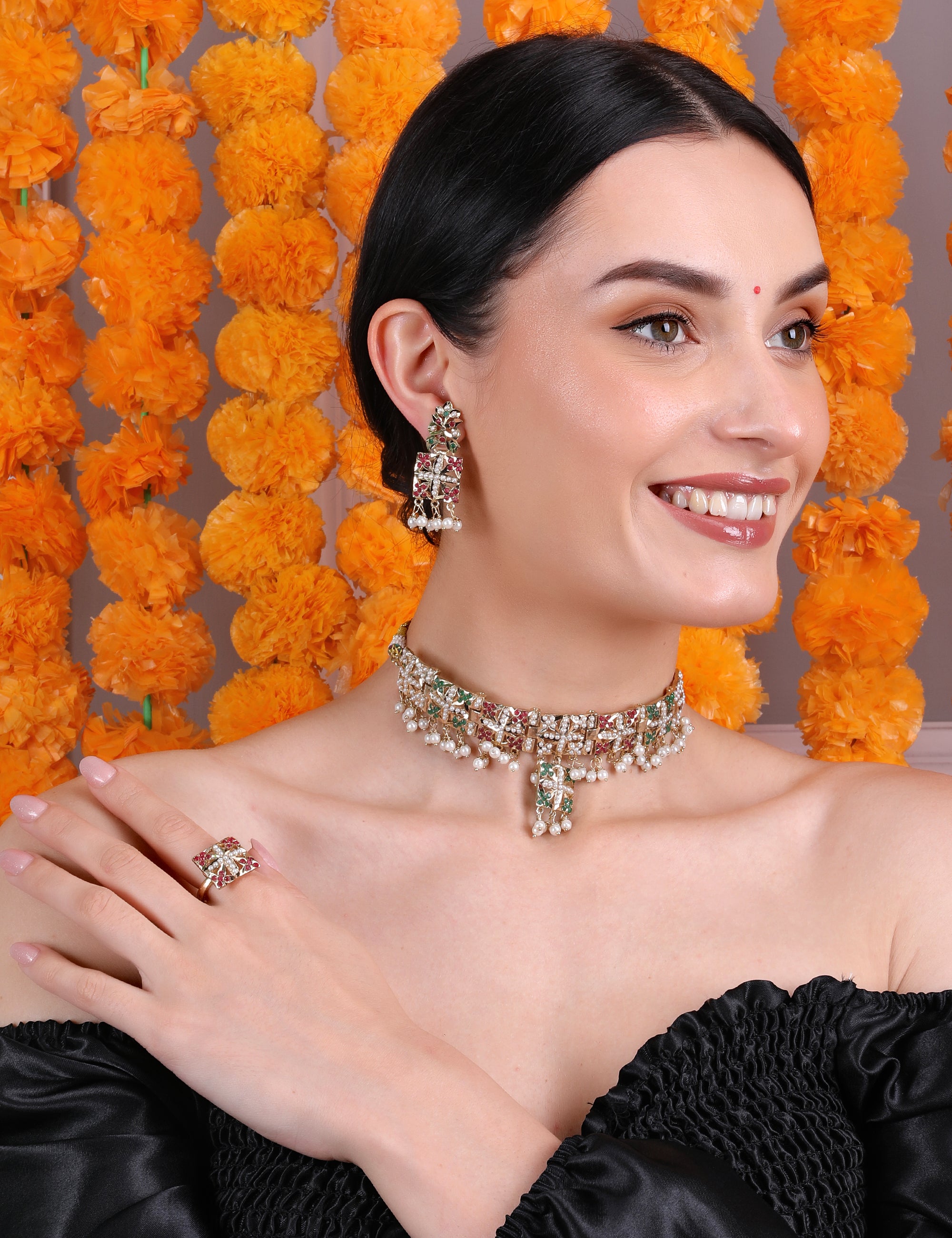 Multicolor Pearl-Studded Choker Set with Earrings & Adjustable Ring - QUEENS JEWELS