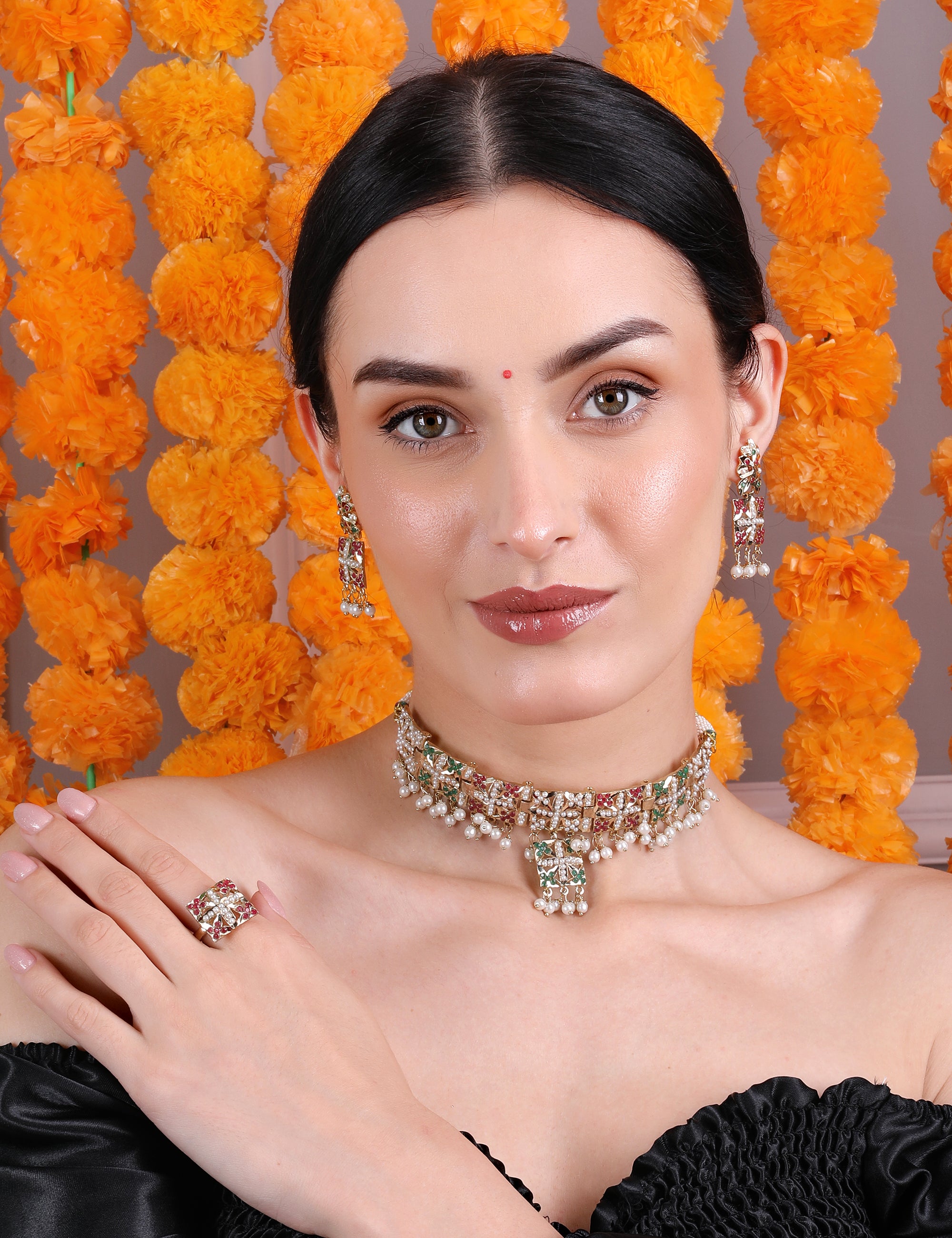 Multicolor Pearl-Studded Choker Set with Earrings & Adjustable Ring - QUEENS JEWELS