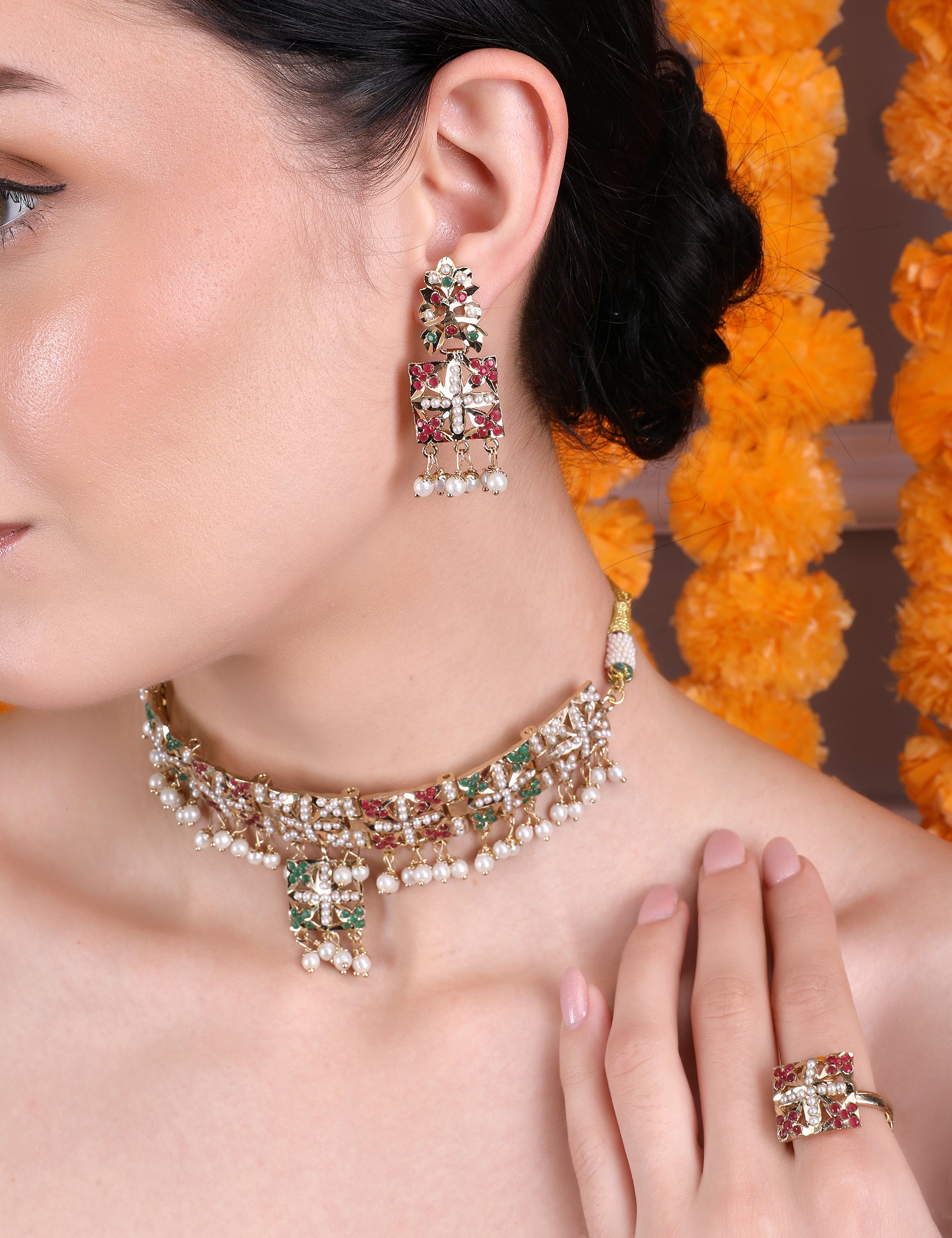 Multicolor Pearl-Studded Choker Set with Earrings & Adjustable Ring - QUEENS JEWELS