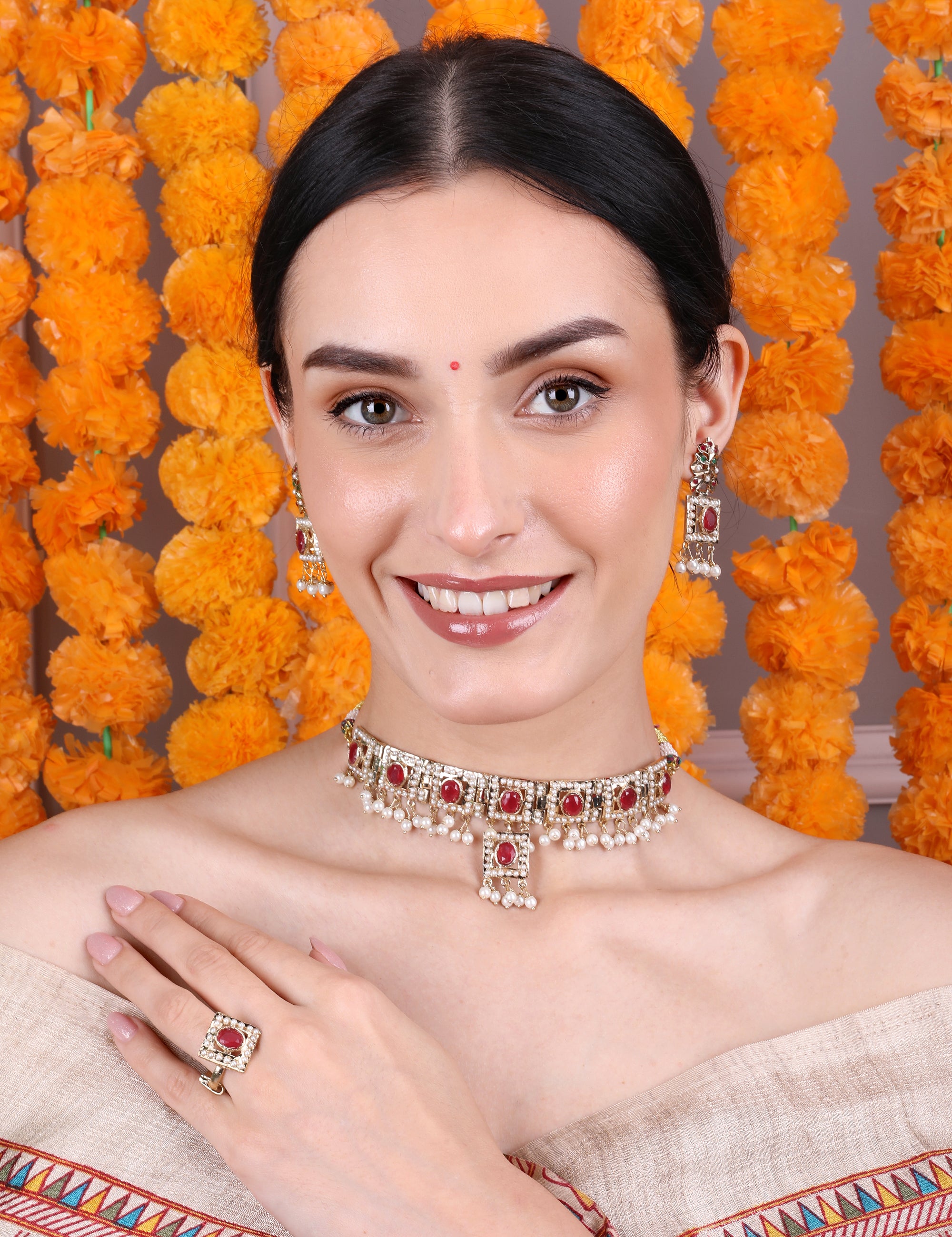 Royal Ruby and White Stone Choker Set with Earrings and Ring - QUEENS JEWELS