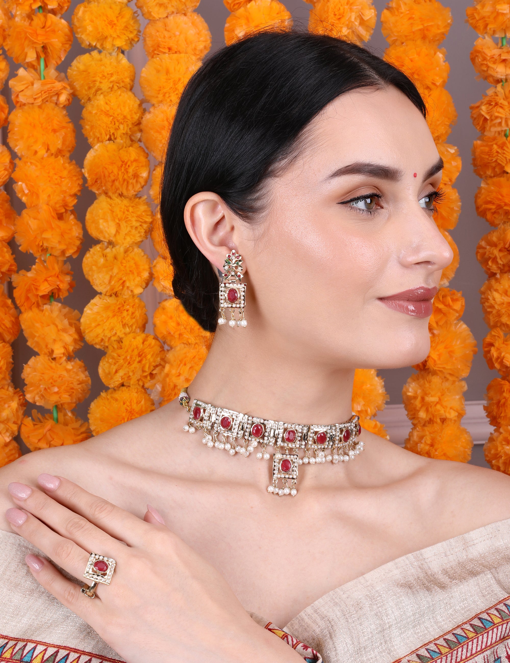 Royal Ruby and White Stone Choker Set with Earrings and Ring - QUEENS JEWELS