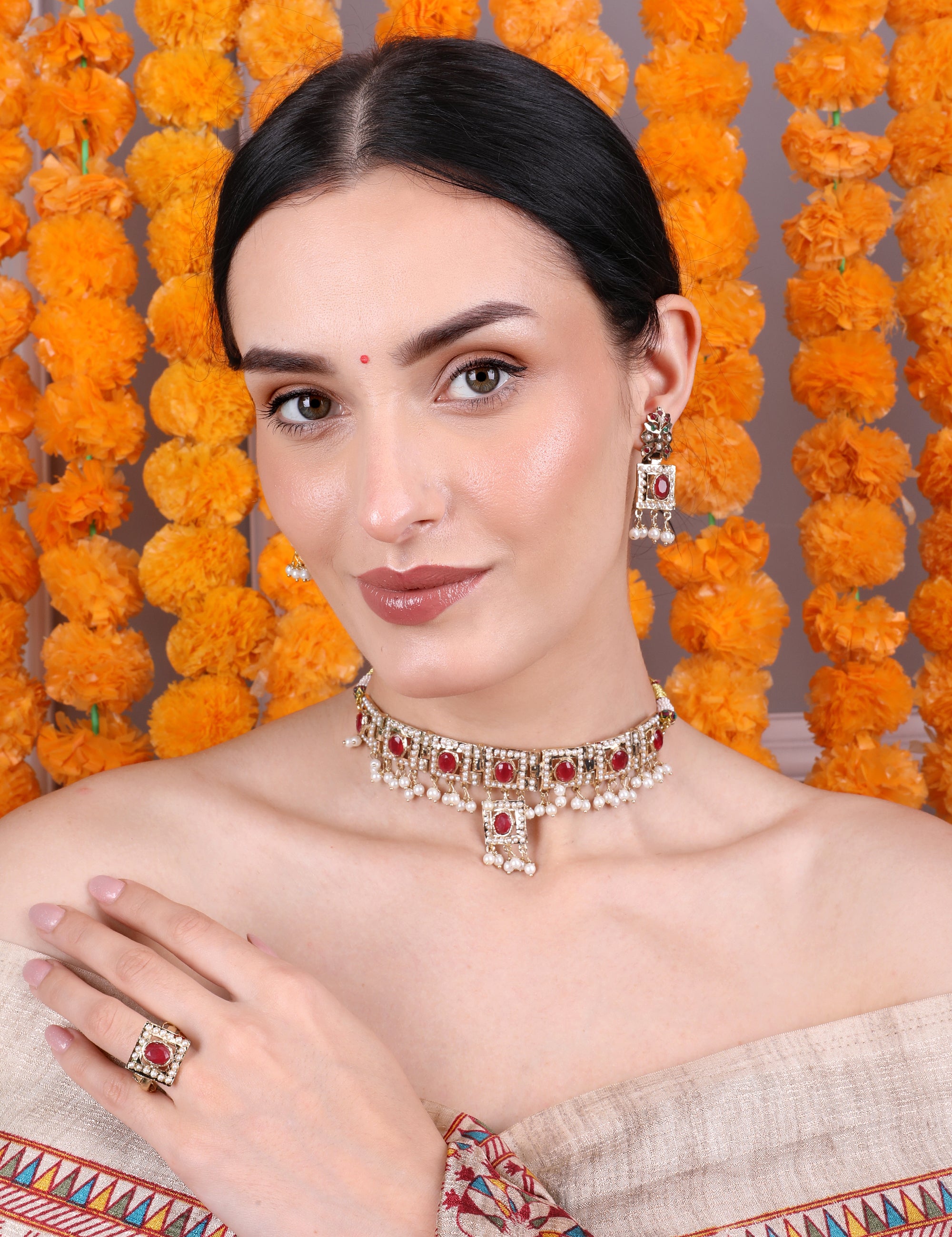Royal Ruby and White Stone Choker Set with Earrings and Ring - QUEENS JEWELS