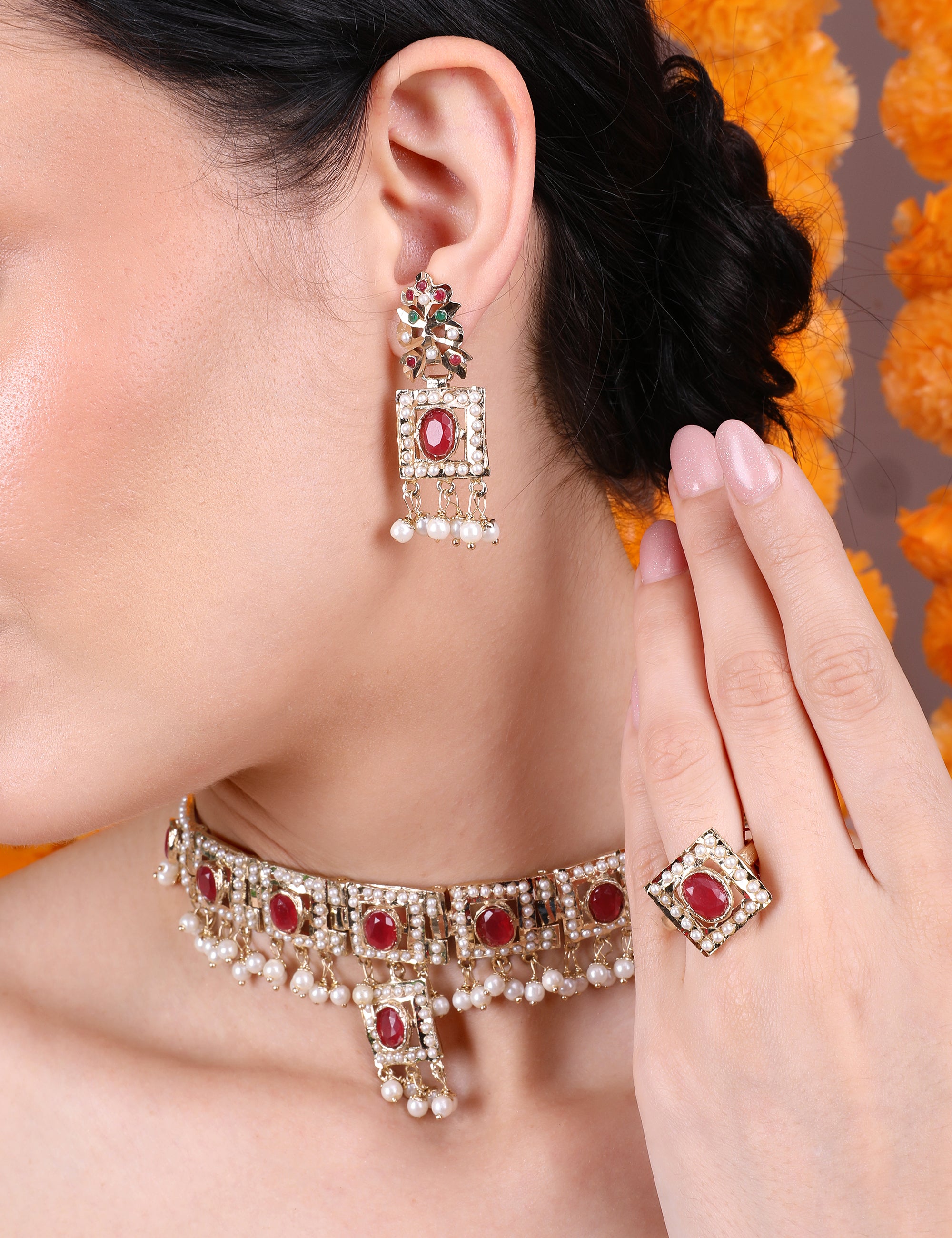 Royal Ruby and White Stone Choker Set with Earrings and Ring - QUEENS JEWELS