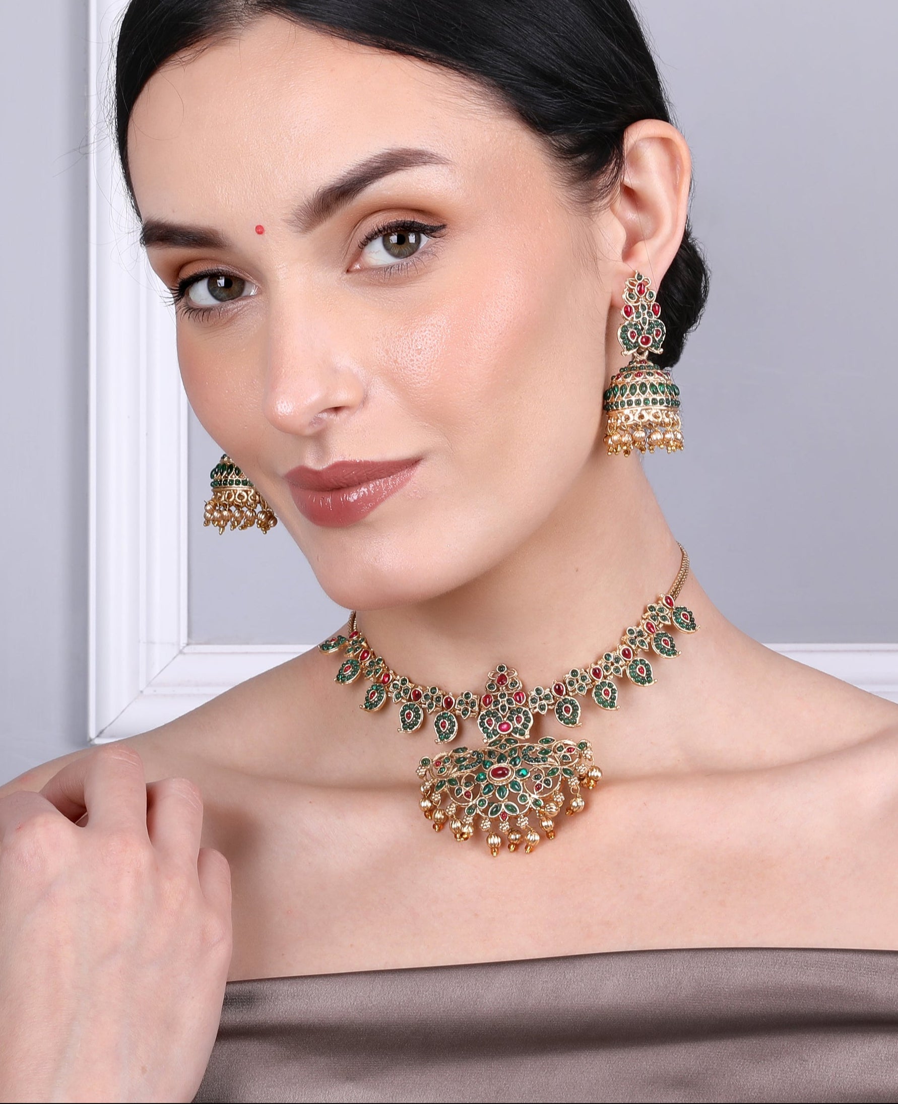 Arohi Green And Red Stone Temple Necklace Set With Jhumka Earrings - QUEENS JEWELS