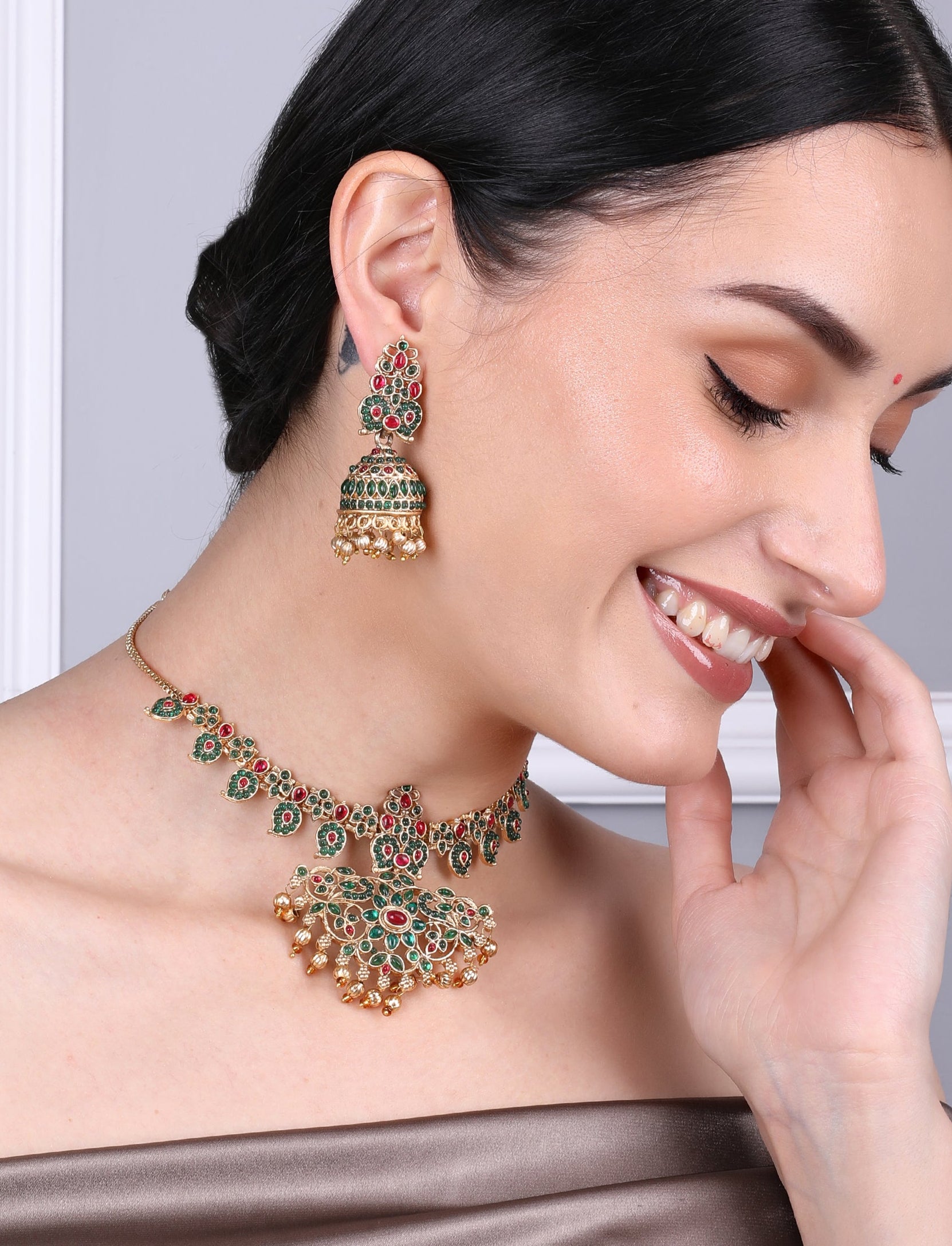 Arohi Green And Red Stone Temple Necklace Set With Jhumka Earrings - QUEENS JEWELS
