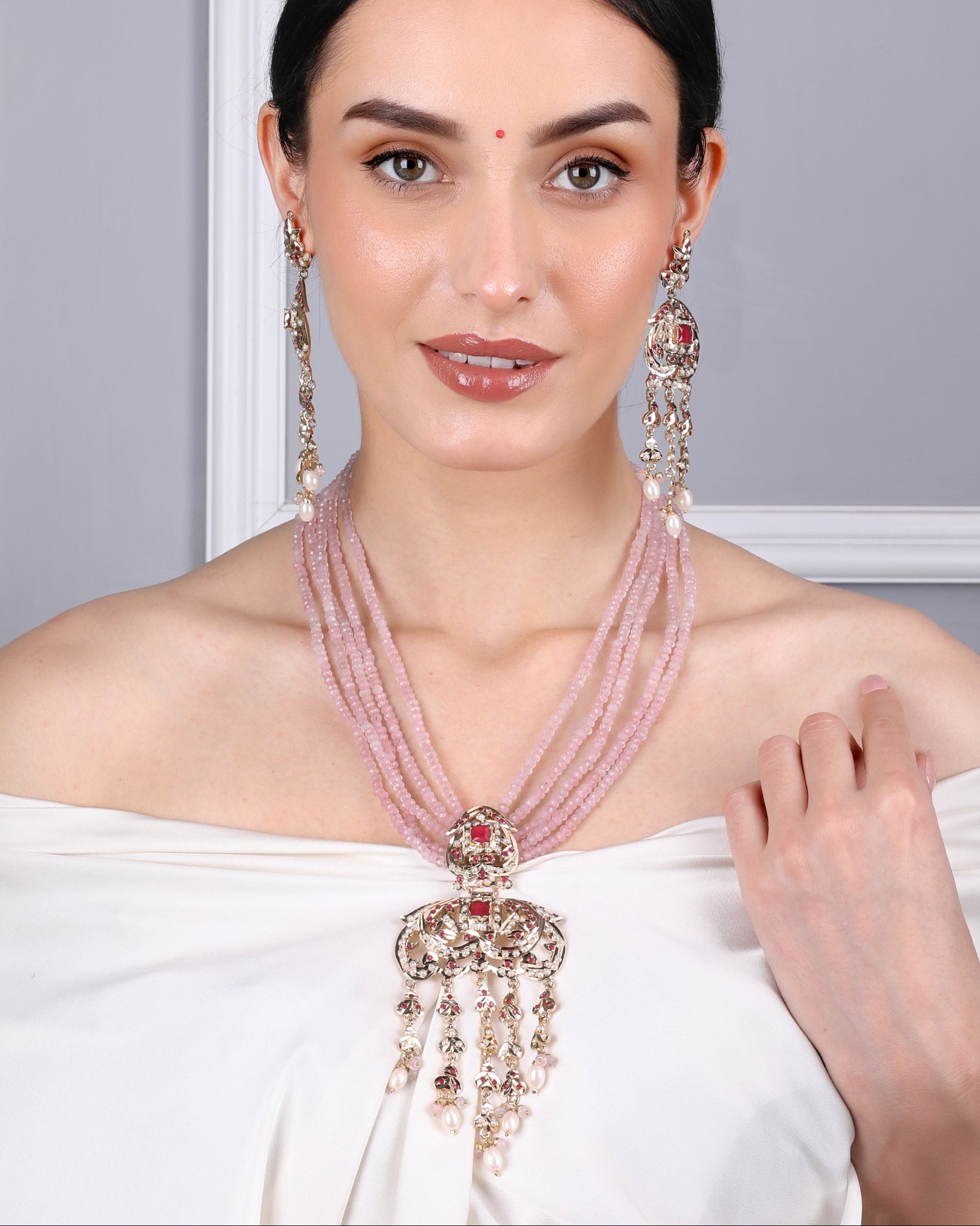 Royal Jadau Pink Jadau Necklace Set with Earrings - QUEENS JEWELS