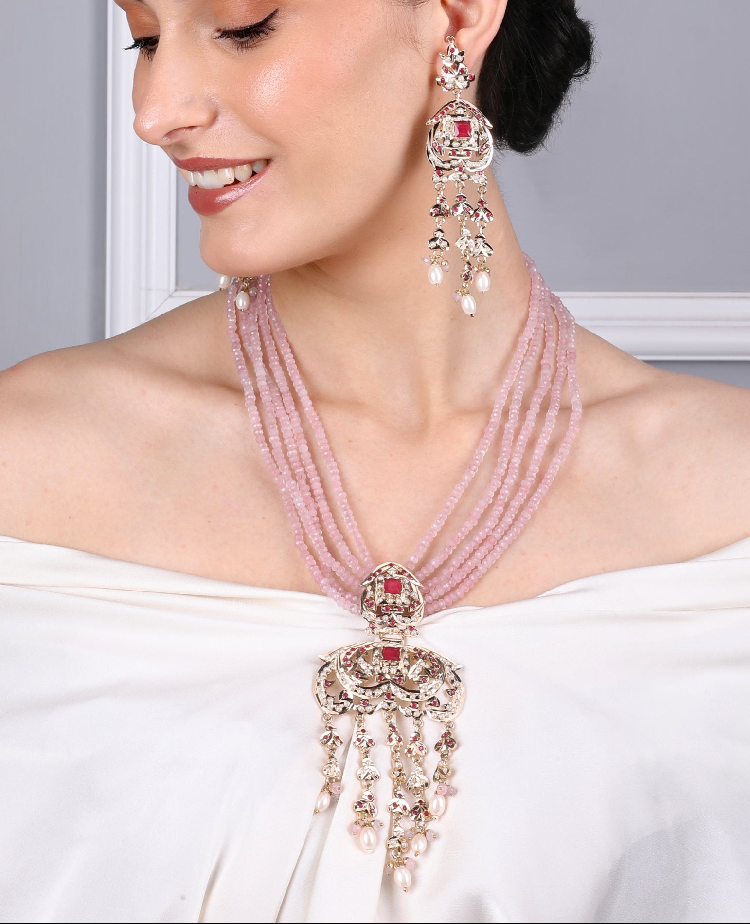 Royal Jadau Pink Jadau Necklace Set with Earrings - QUEENS JEWELS