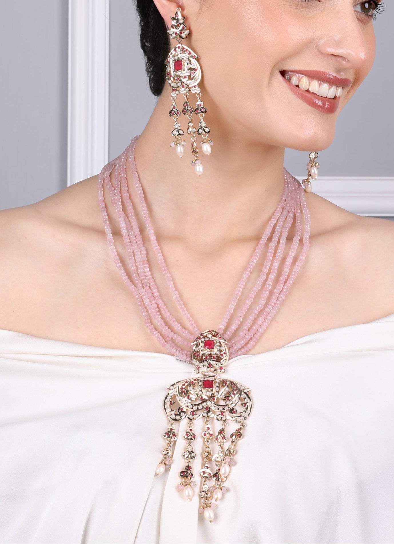 Royal Jadau Pink Jadau Necklace Set with Earrings - QUEENS JEWELS