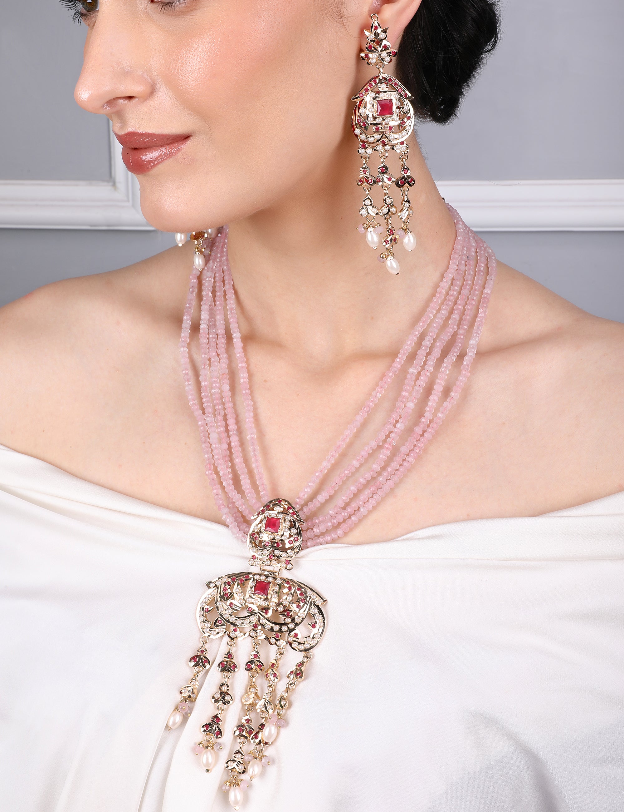 Royal Jadau Pink Jadau Necklace Set with Earrings - QUEENS JEWELS