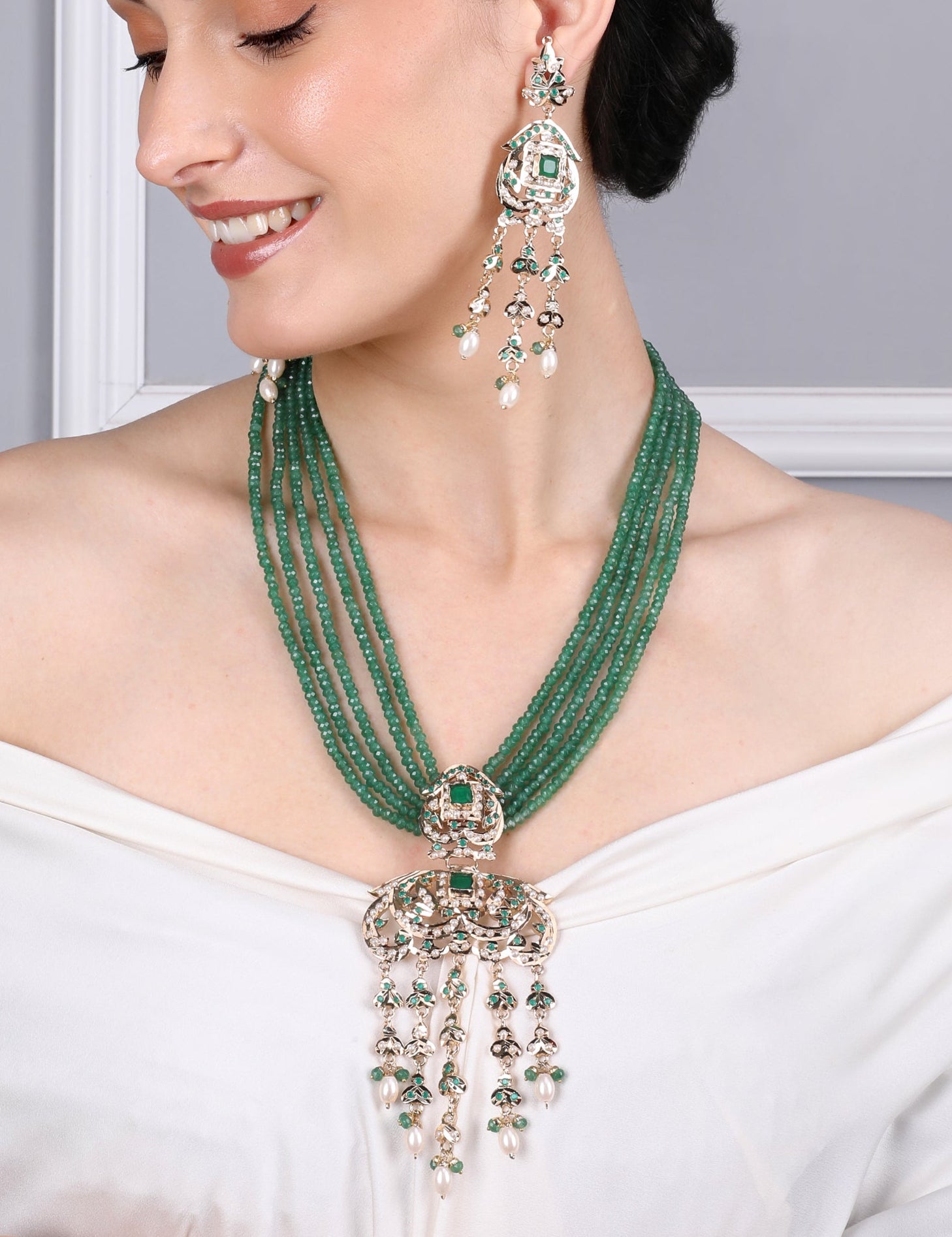 Heritage Jadau Necklace with Emerald Green Beads - QUEENS JEWELS