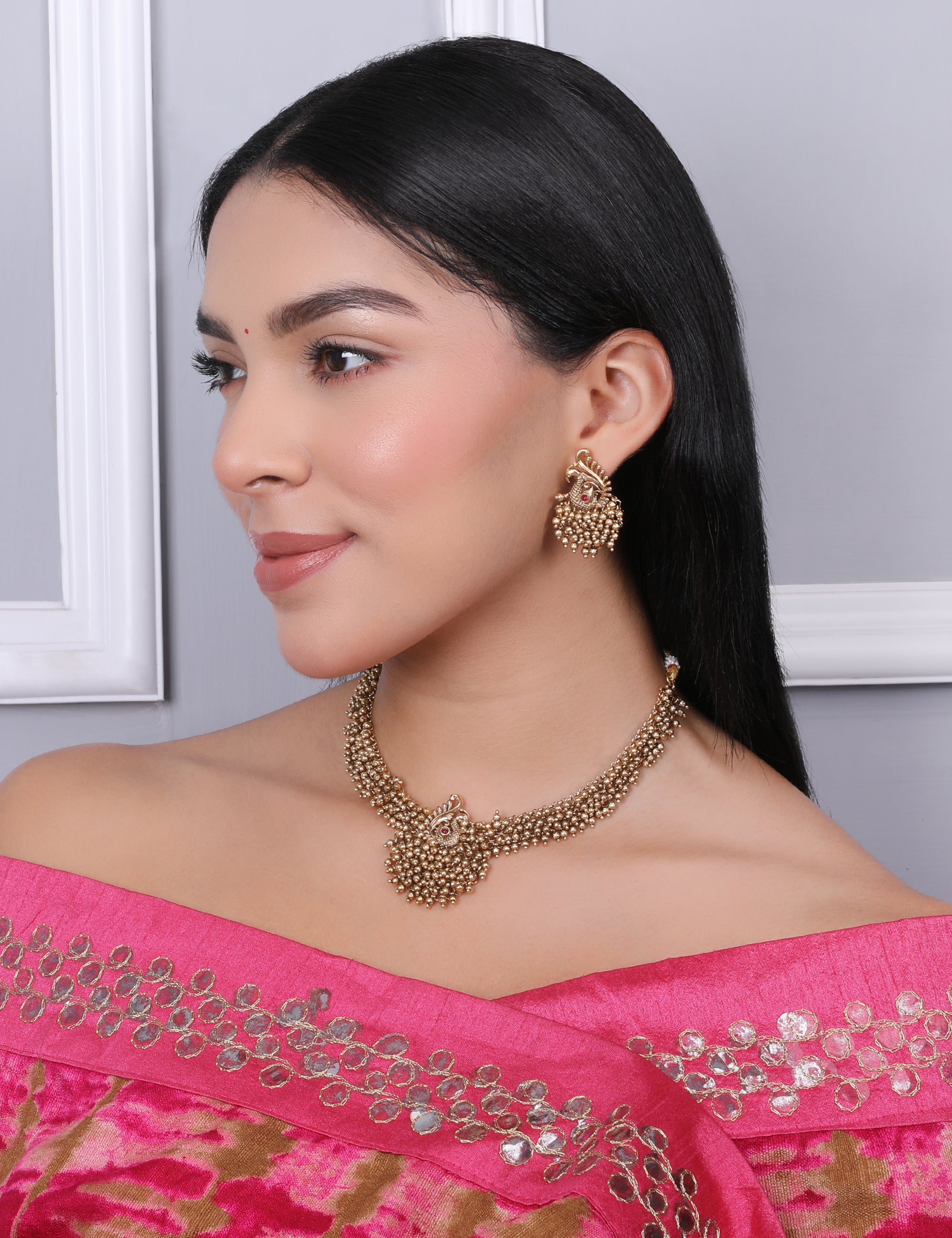 Adia Golden Temple Necklace Set With Earrings - QUEENS JEWELS