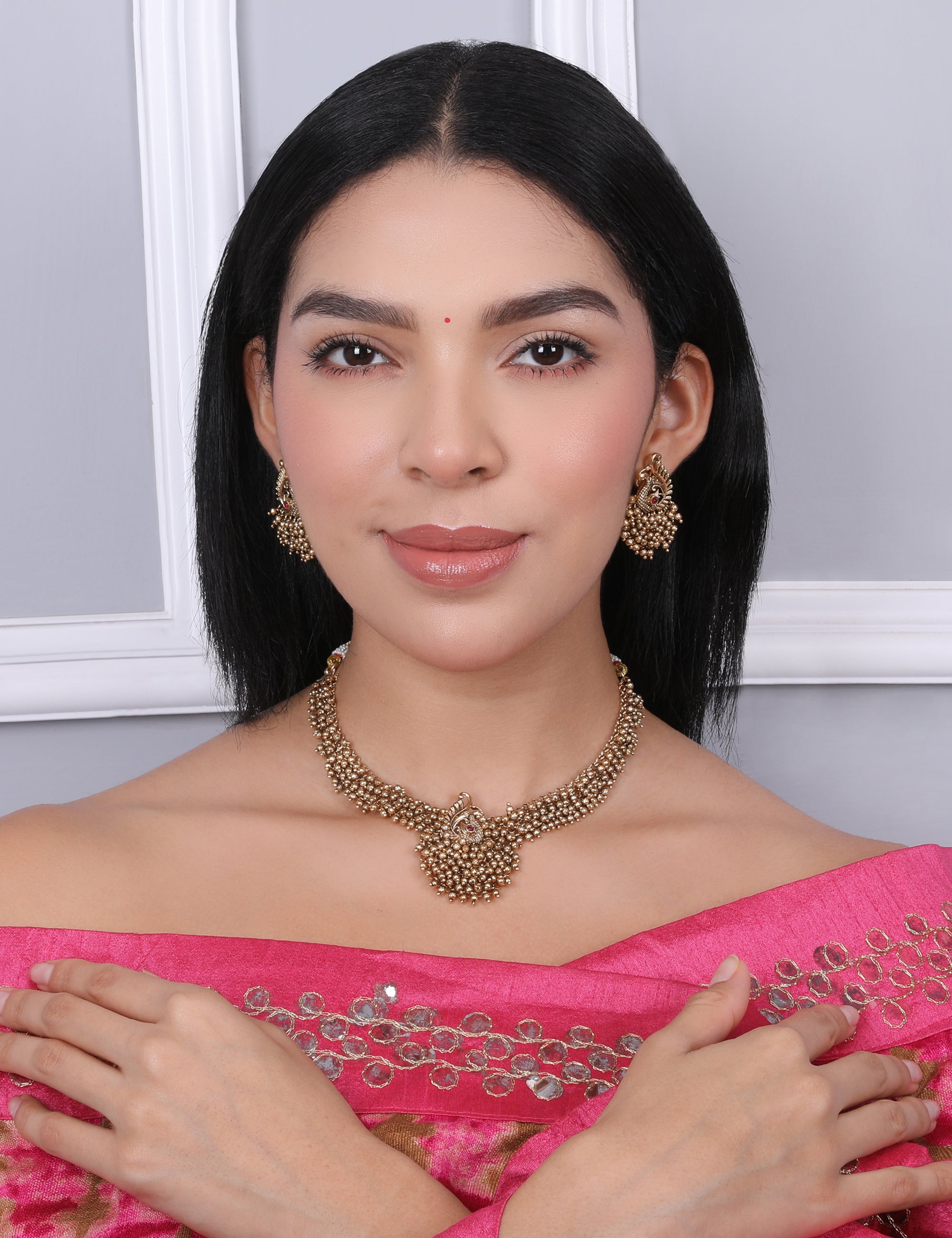 Adia Golden Temple Necklace Set With Earrings - QUEENS JEWELS