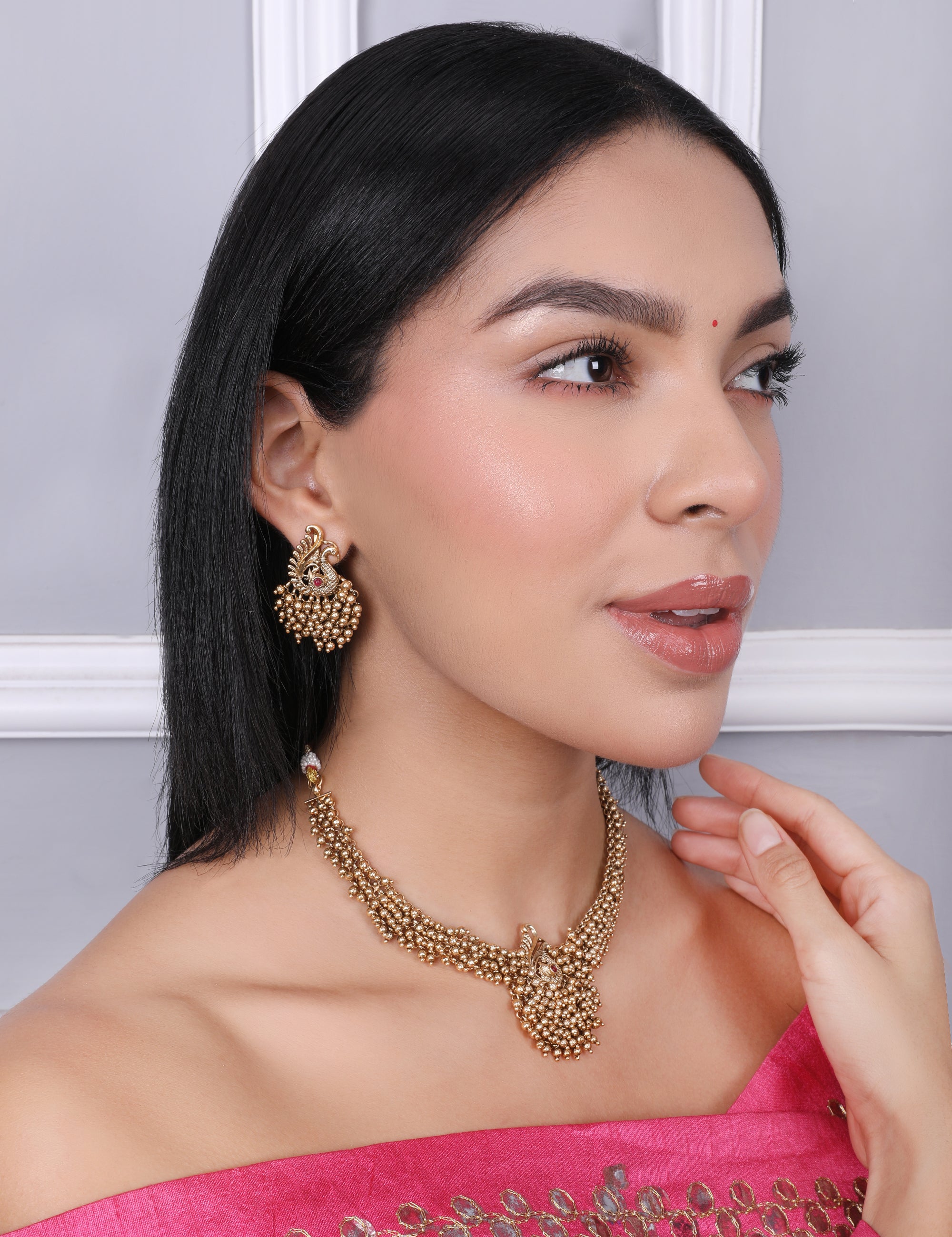 Adia Golden Temple Necklace Set With Earrings - QUEENS JEWELS