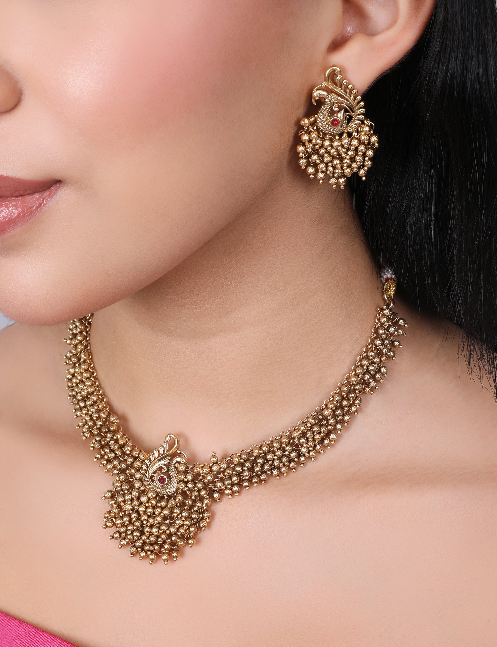 Adia Golden Temple Necklace Set With Earrings - QUEENS JEWELS