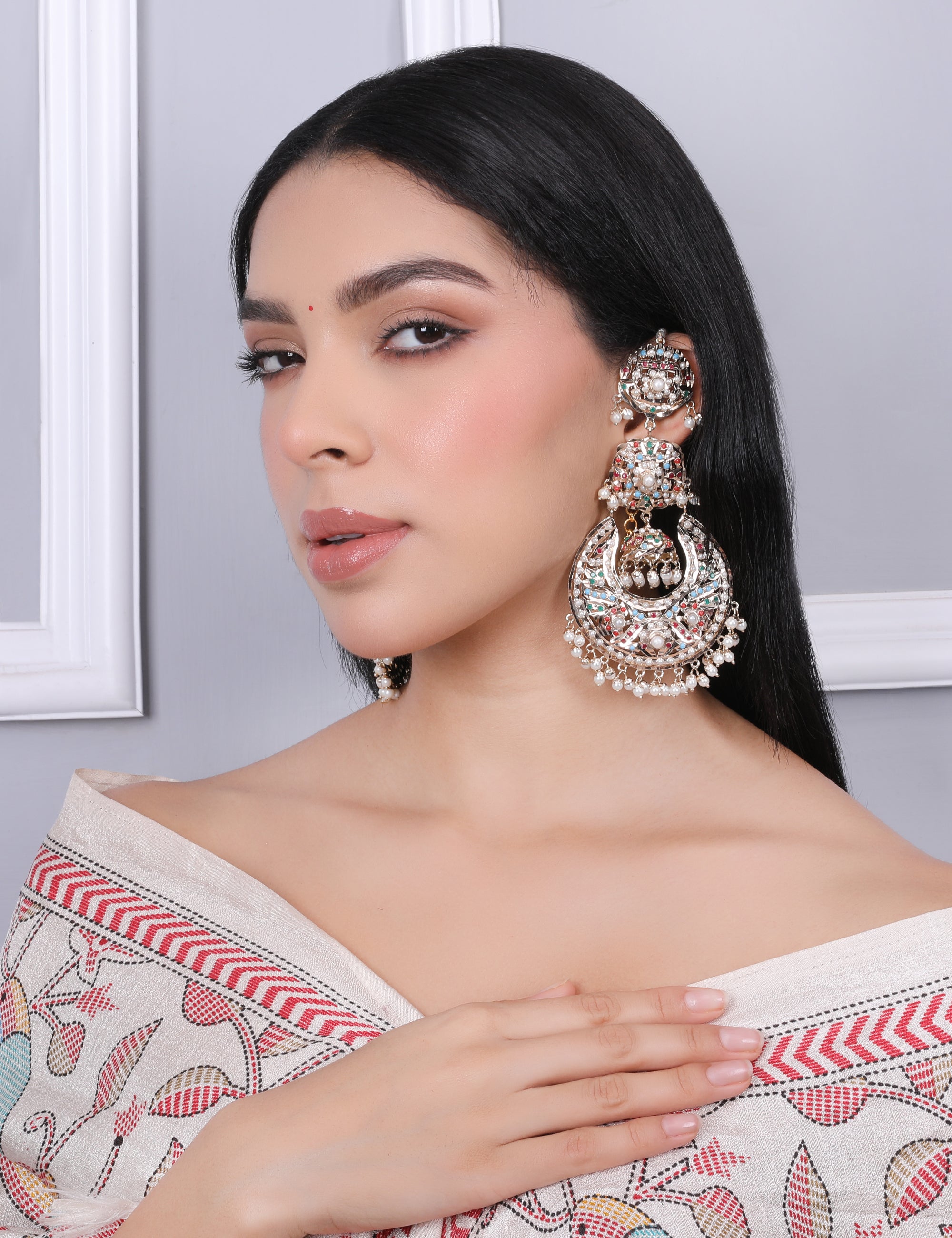 Navratan Jhumka Chaandbali Earrings with kaanchain - QUEENS JEWELS