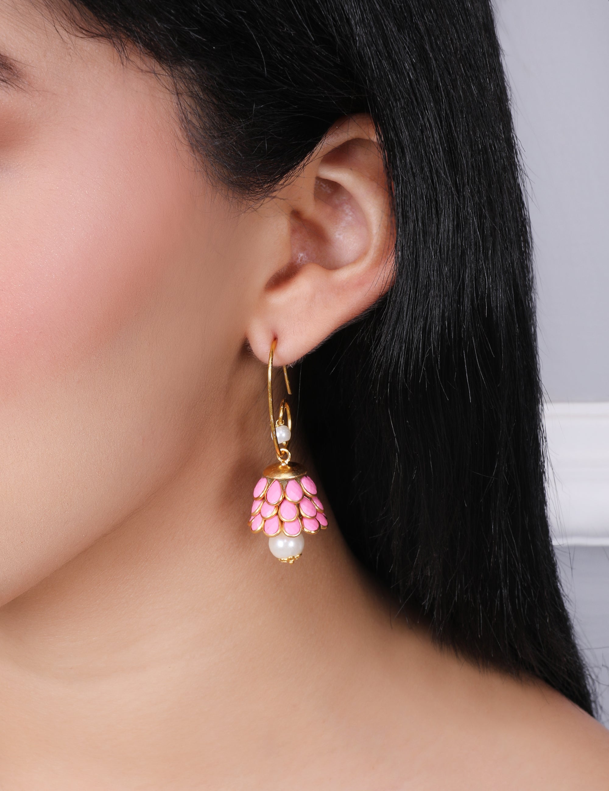 Anika Pachi Jhumka Earrings - Pink - QUEENS JEWELS