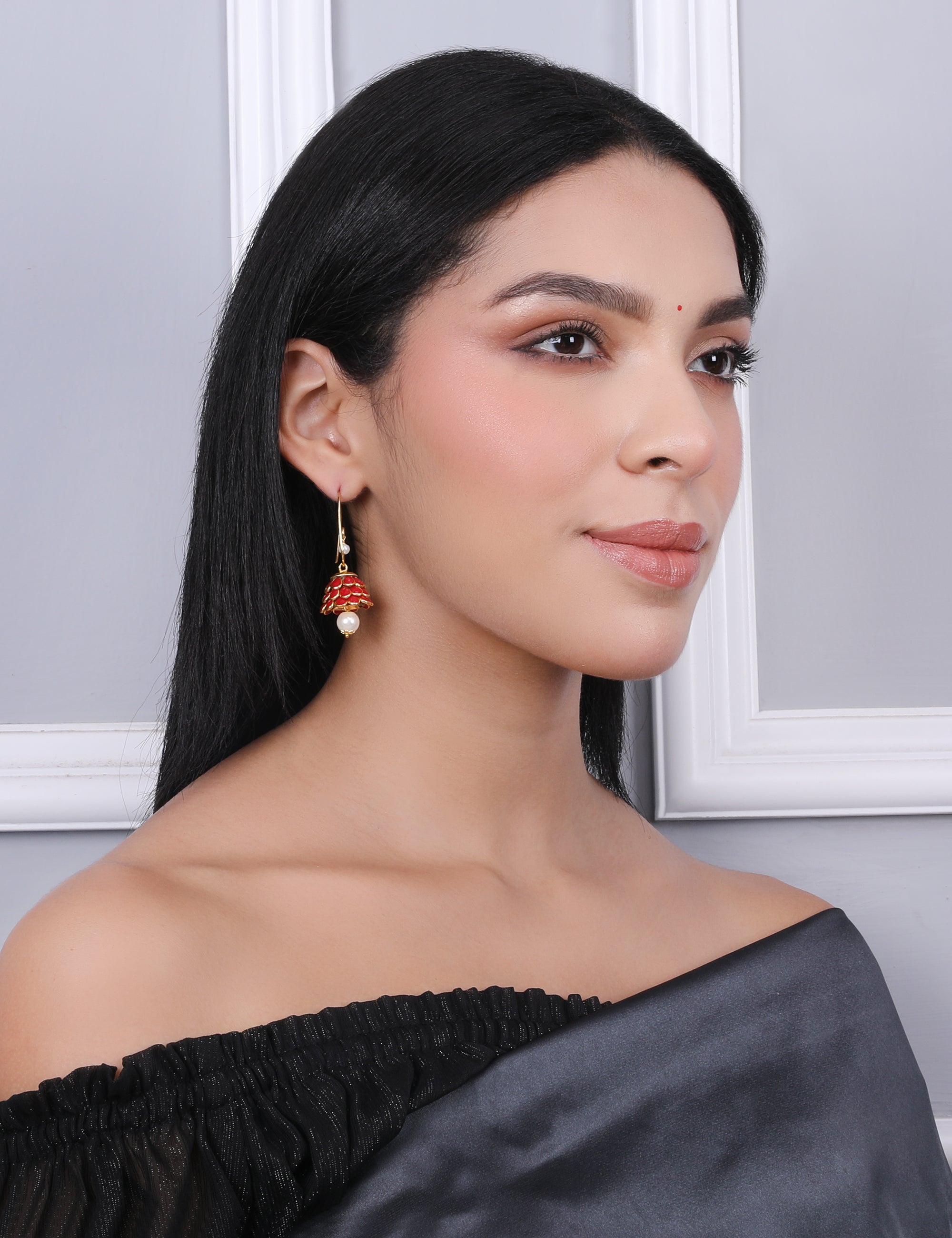 Anika Pachi Jhumka Earrings - Red - QUEENS JEWELS