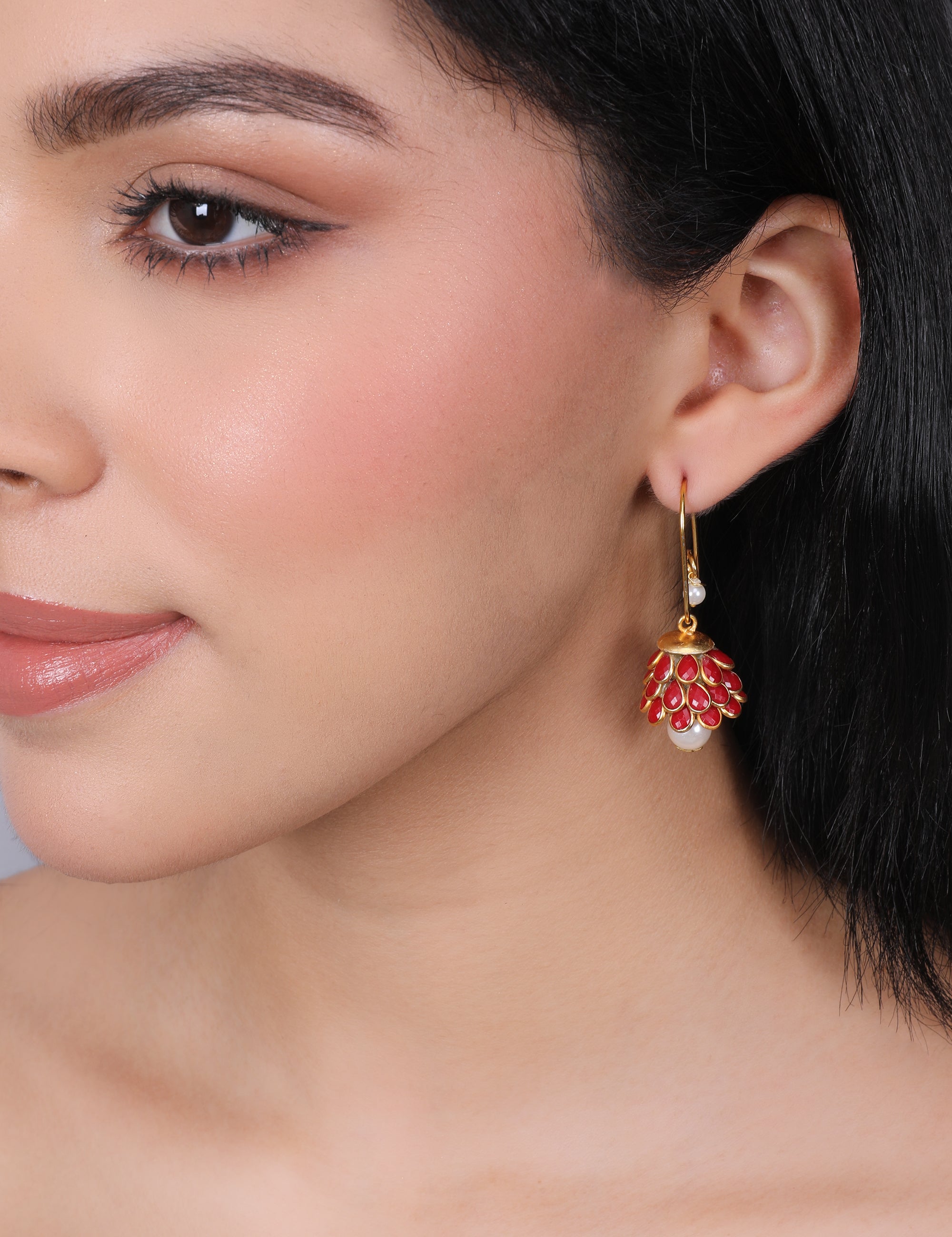 Anika Pachi Jhumka Earrings - Red - QUEENS JEWELS
